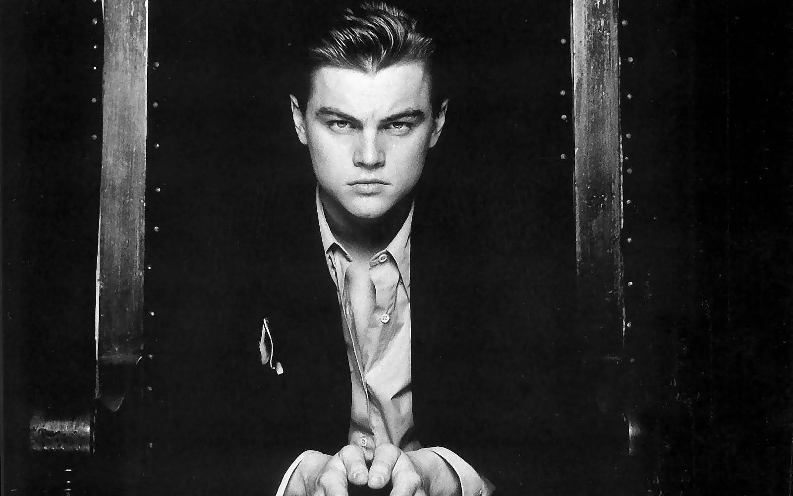 Leonardo DiCaprio, intense gaze, black and white portrait, HD Desktop Wallpaper