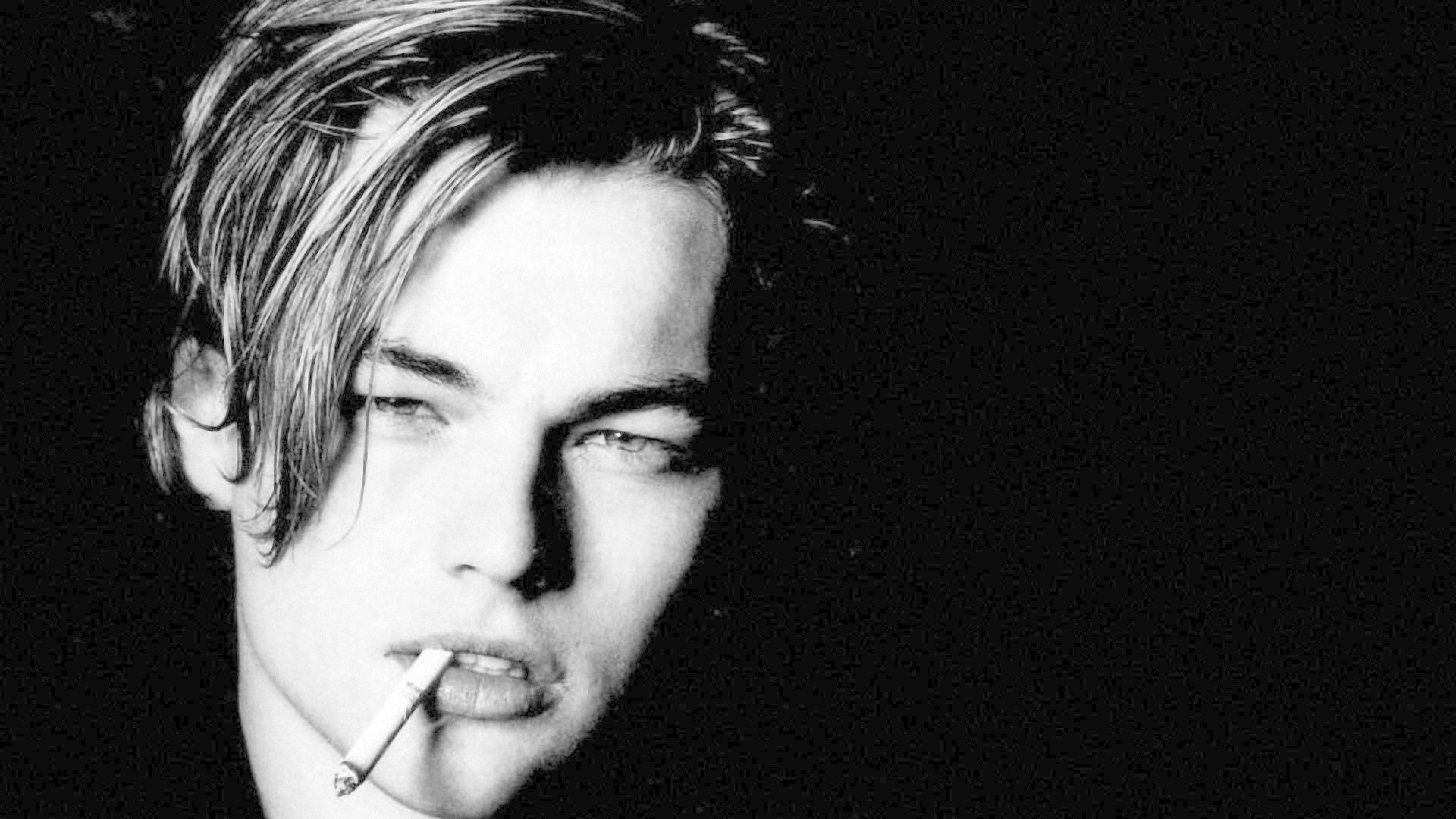 Leonardo DiCaprio, lit cigarette, black and white portrait, 8K Desktop Wallpaper