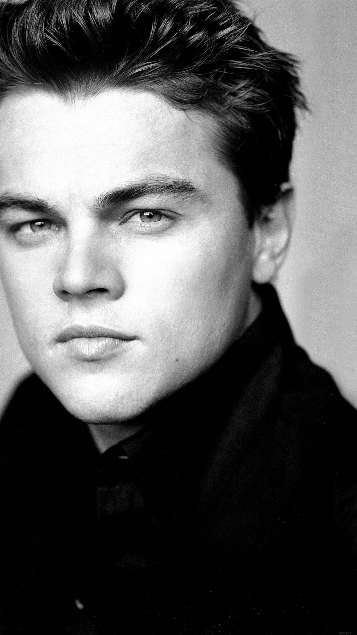 Leonardo DiCaprio, black and white portrait, intense gaze, Full HD Phone Wallpaper