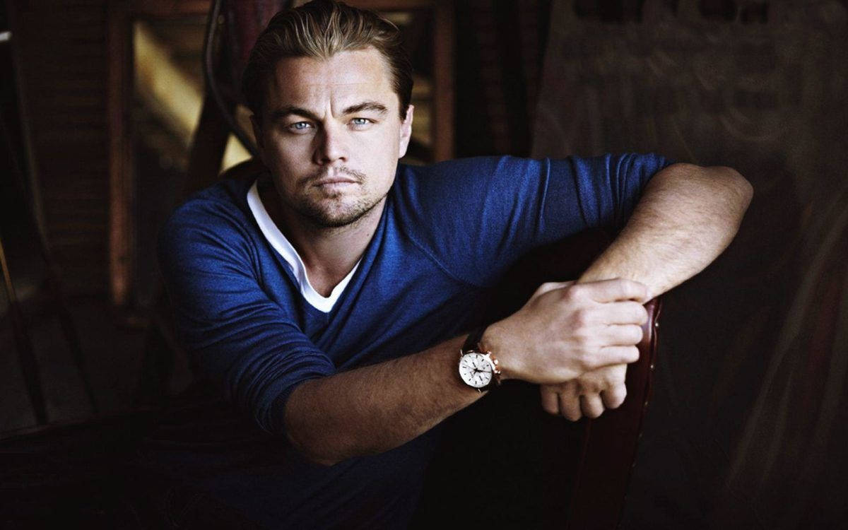 Leonardo DiCaprio, blue sweater, cinematic lighting, SD Desktop Wallpaper