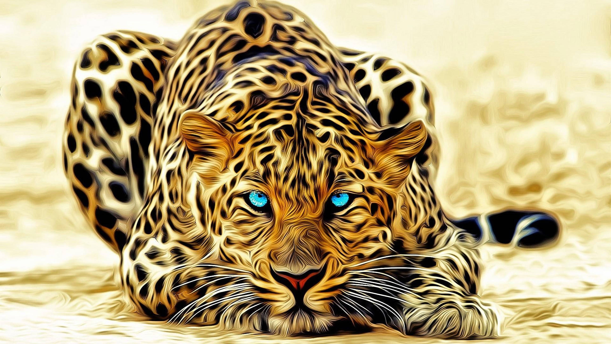 leopard, piercing blue eyes, golden sand, 2K Desktop Wallpaper