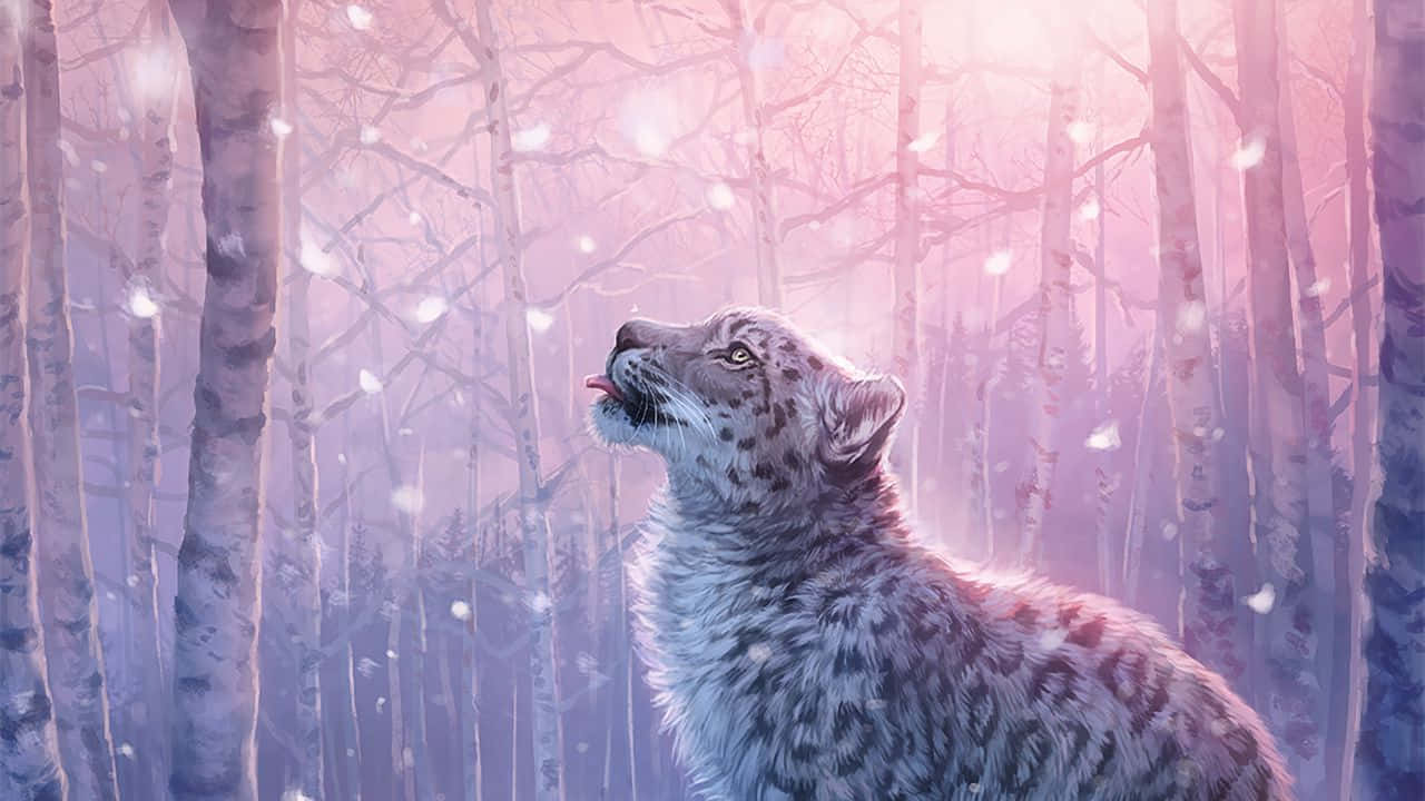 snow leopard, snowy birch forest, soft pink and purple twilight light, HD Desktop Wallpaper