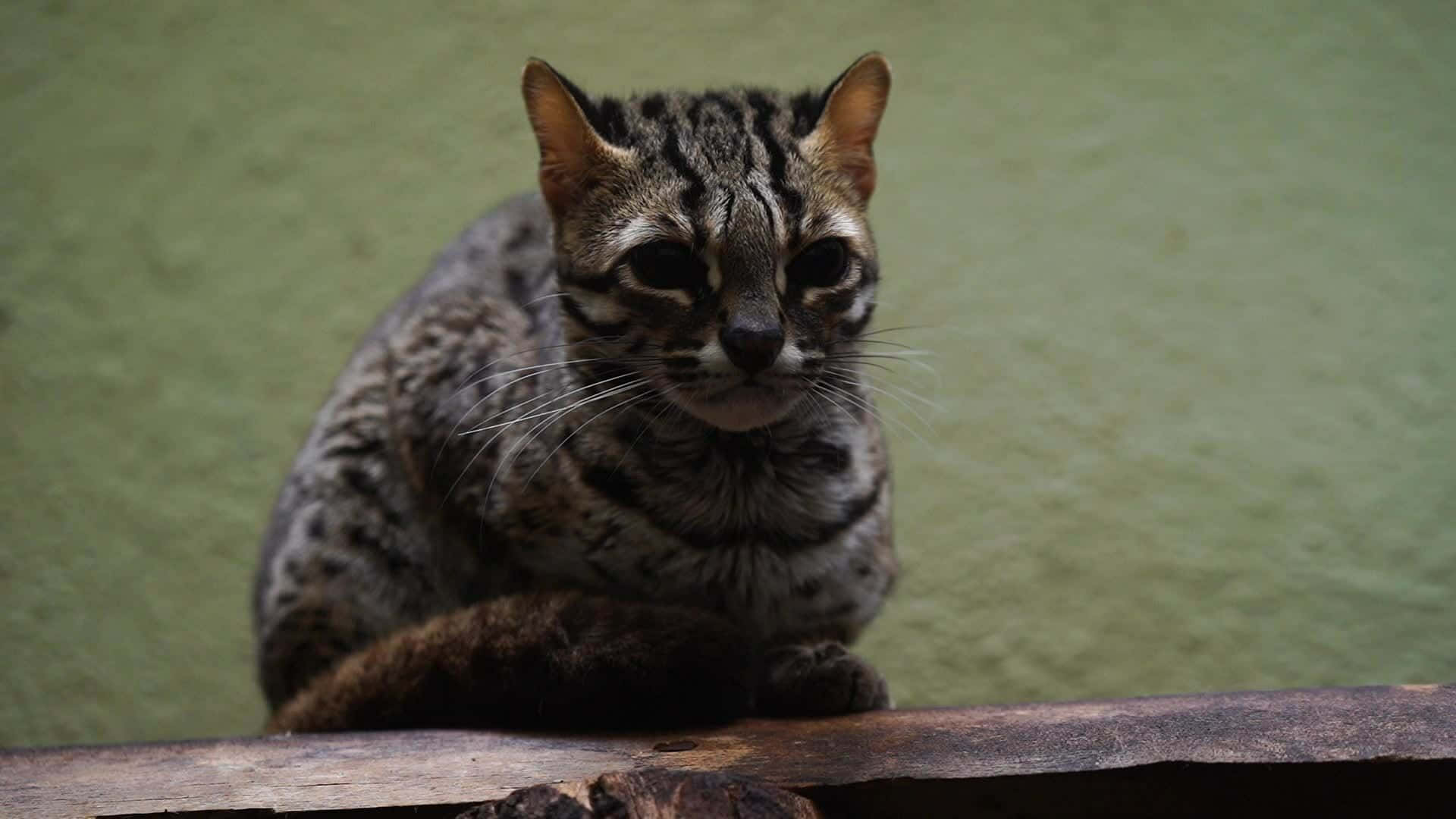 Leopard Cat, wooden ledge, muted green wall, Full HD Desktop Wallpaper