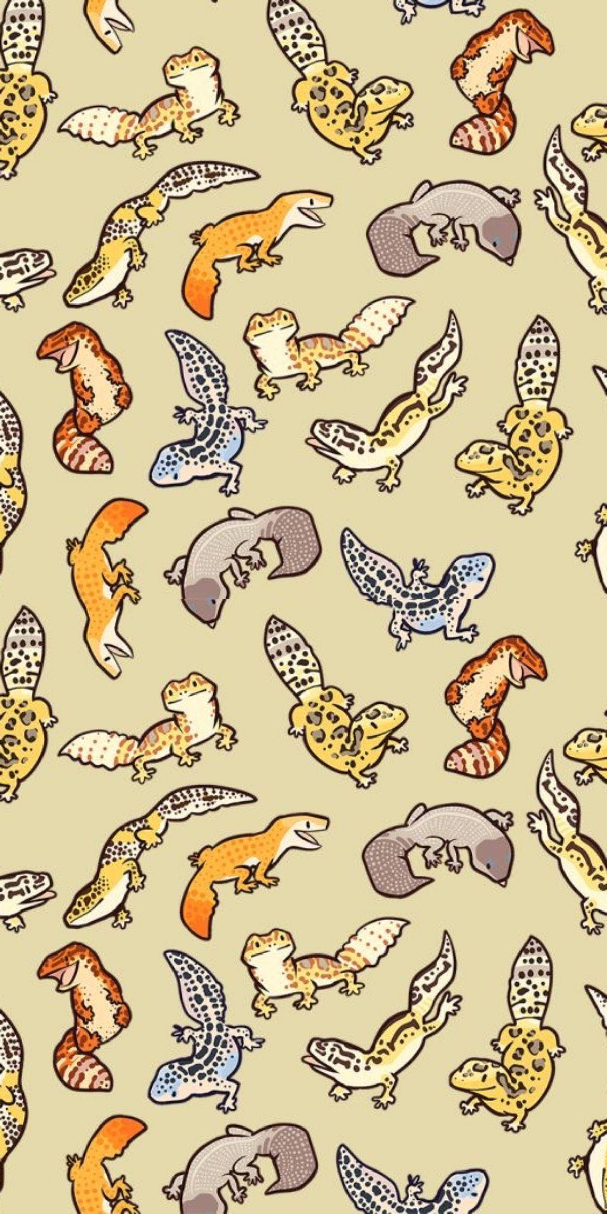 Leopard Gecko, cartoon-style geckos, orange gray and blue patterns, Full HD Phone Wallpaper