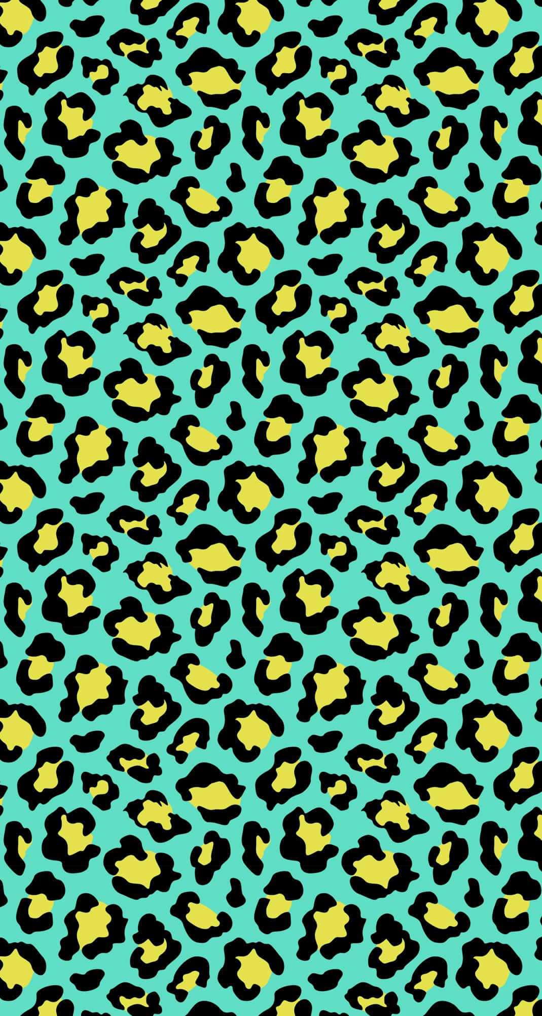 leopard pattern, teal background, yellow and black leopard spots, Full HD Phone Wallpaper