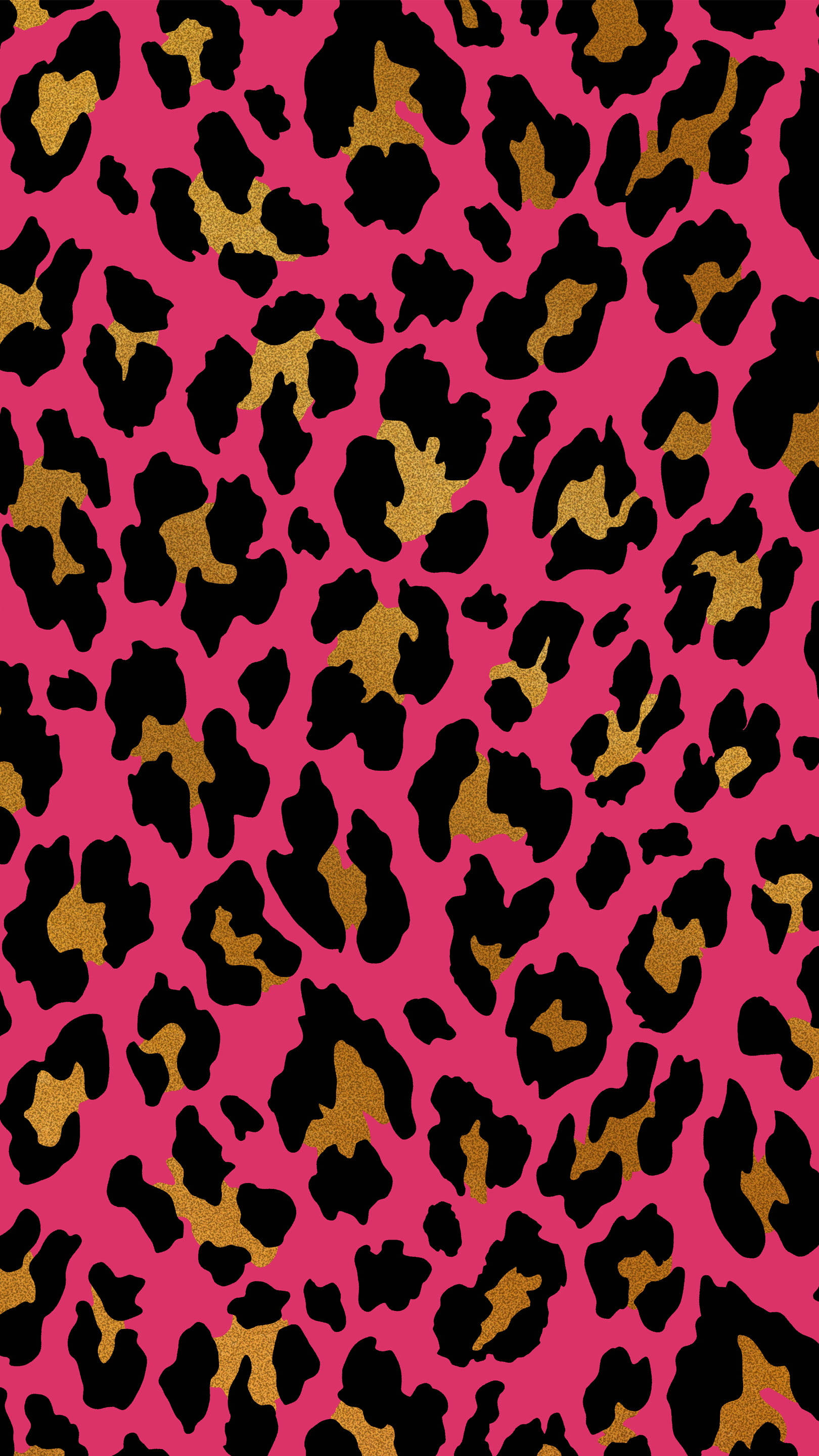 gold and black cute leopard print, vibrant pink background, bold black and glittery gold leopard spots, 2K Phone Wallpaper