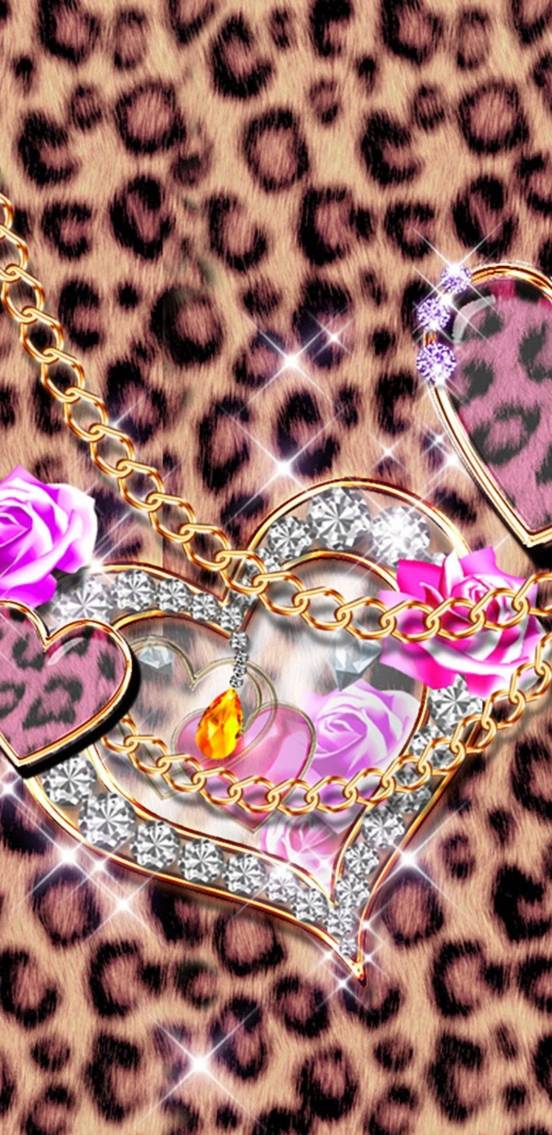 chains and hearts, cute leopard print, shimmering gold heart necklace, Full HD Phone Wallpaper
