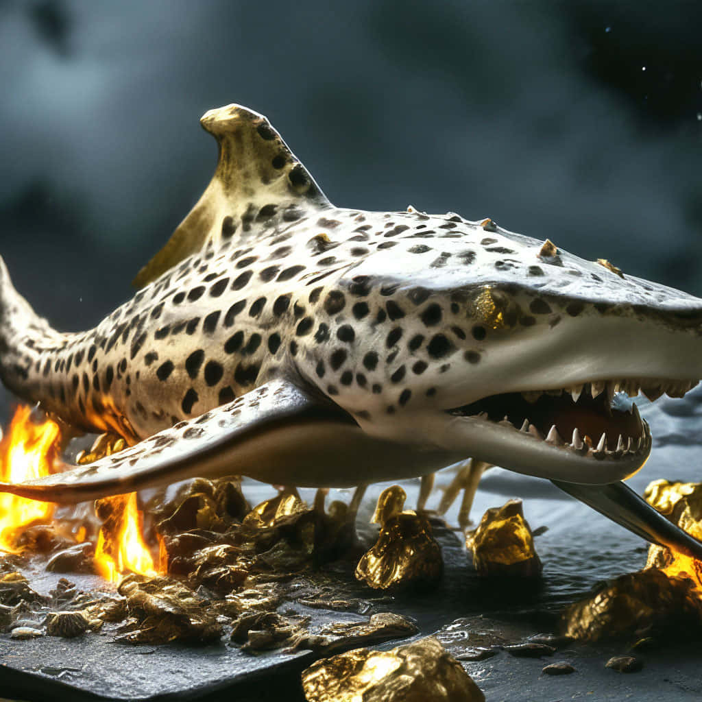Leopard Shark, golden nuggets, flames, SD Desktop Wallpaper