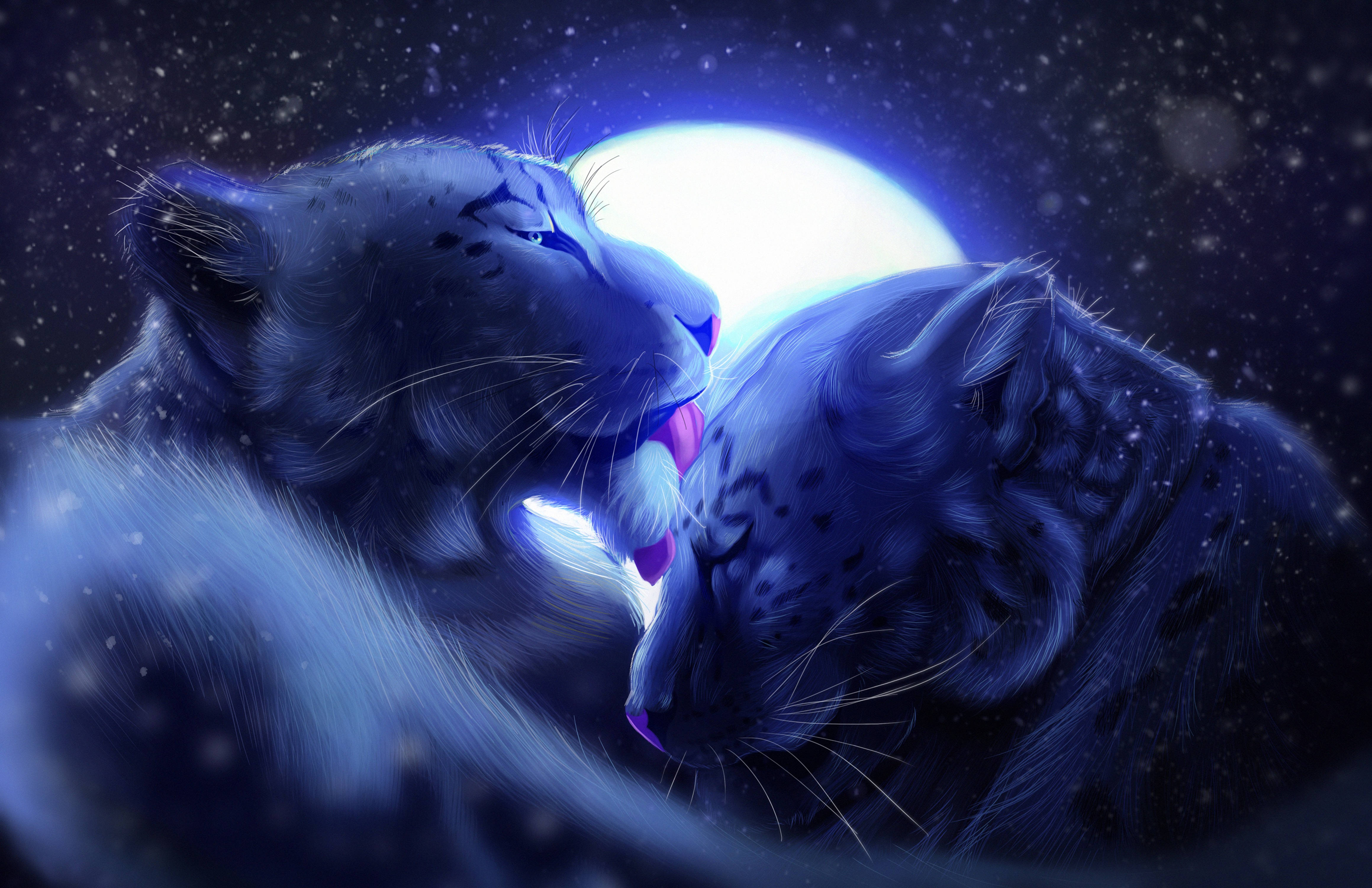 Blue Leopards, snow leopards, glowing moon, 4K Desktop Wallpaper