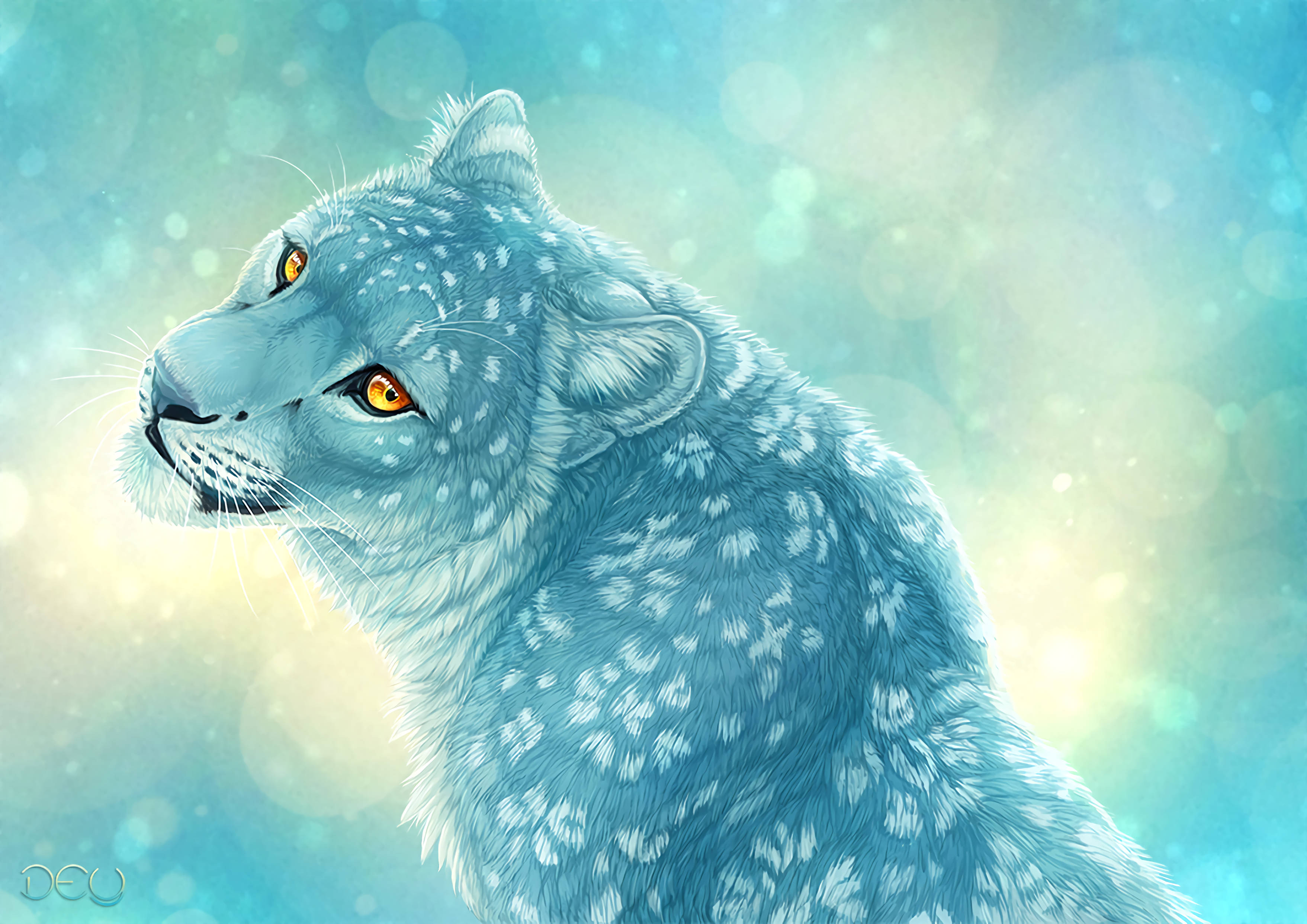 animated blue snow leopard, piercing amber eyes, soft glowing blue and yellow bokeh background, 2K Desktop Wallpaper