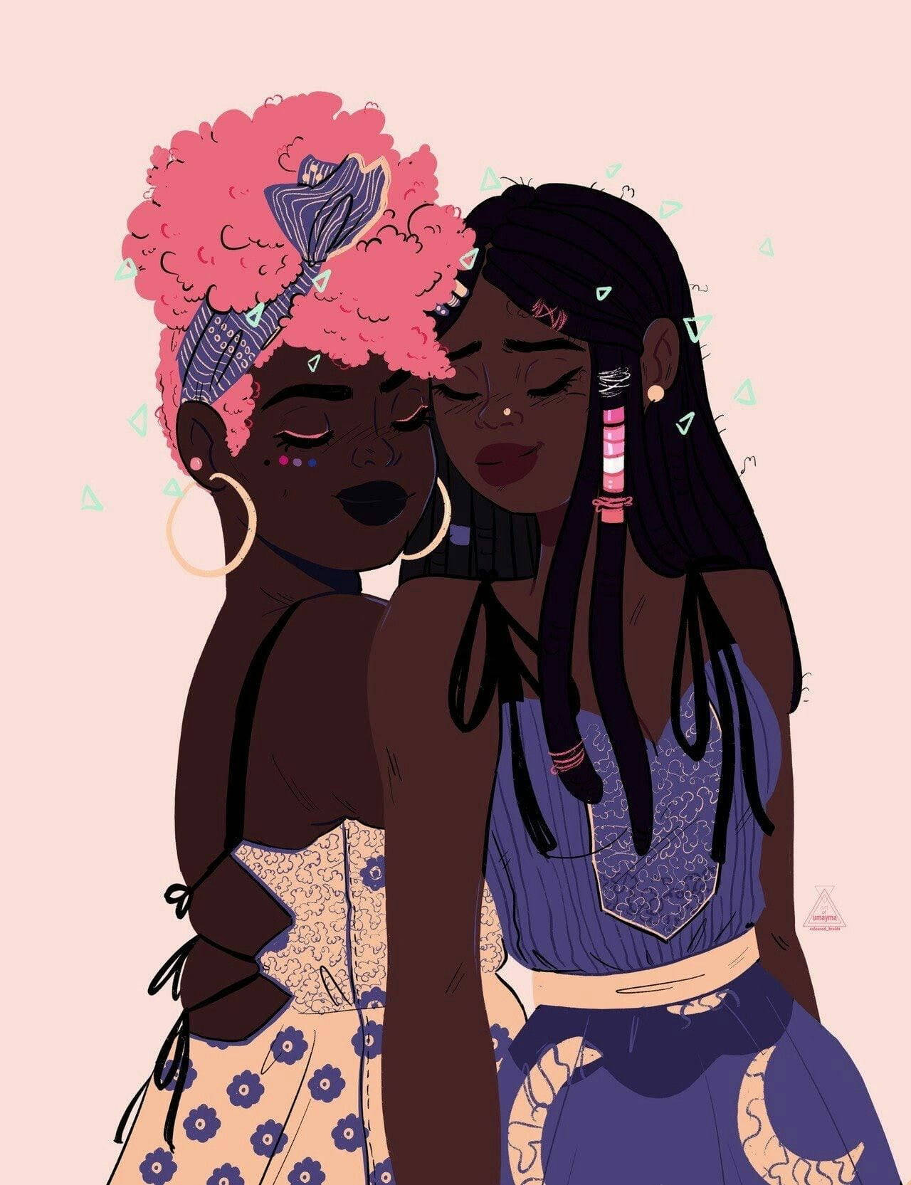 Lesbian Couple, vibrant pink and black hair, soft pink background, HD Phone Wallpaper
