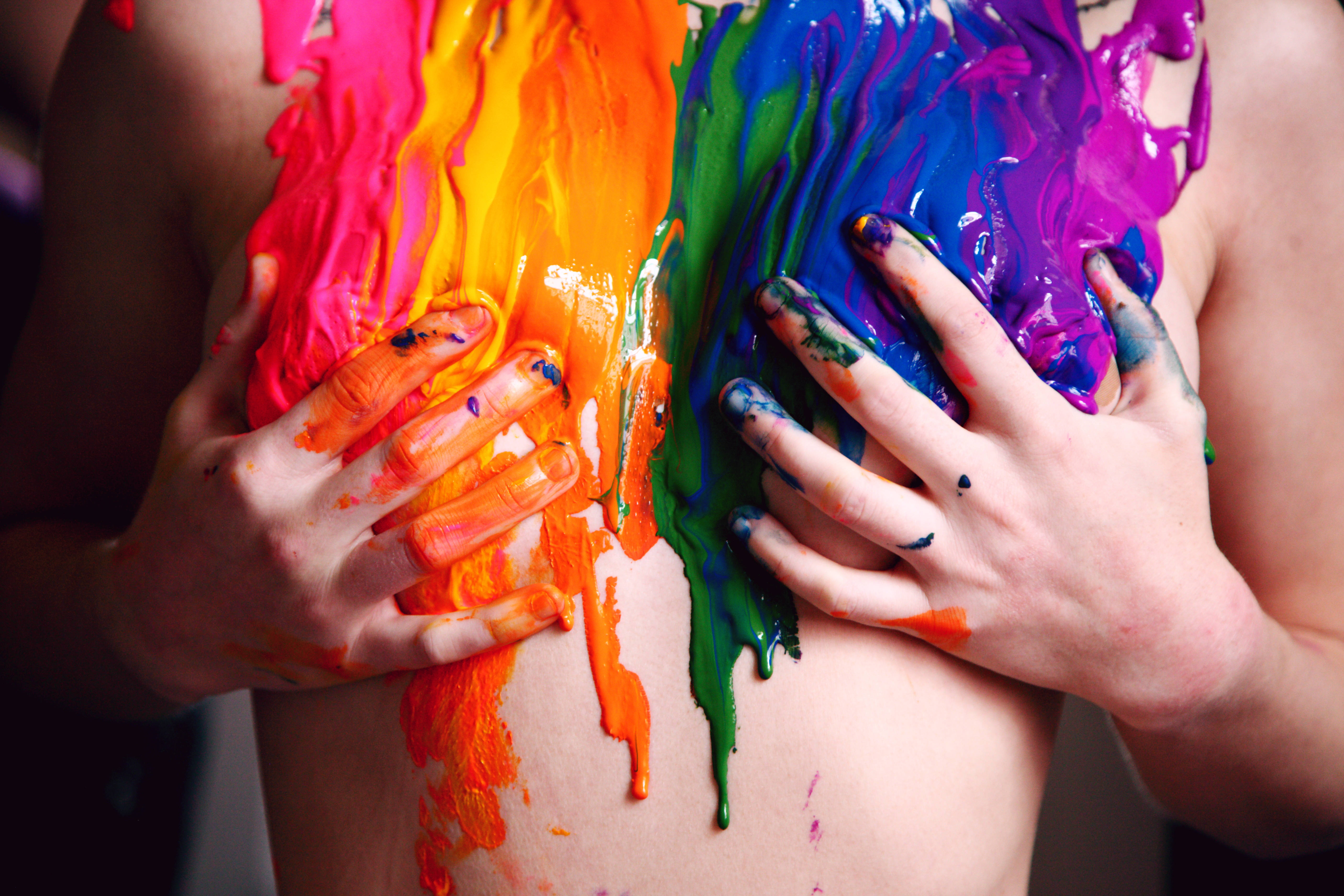 lesbian rainbow body paint, vibrant rainbow paint, torso, 5K Desktop Wallpaper