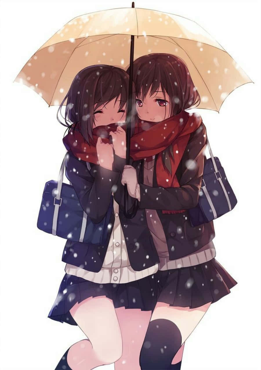 Lesbian Anime, school girl, beige umbrella, SD Phone Wallpaper
