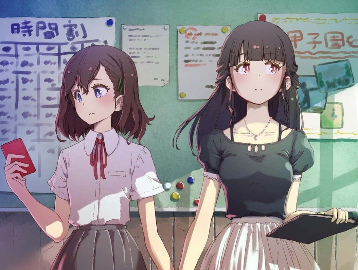 Lesbian Anime, school girl, classroom, SD Desktop Wallpaper