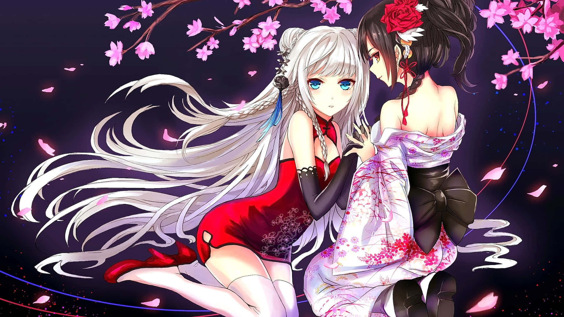 lesbian anime, 1920 x 1080, red and floral kimonos, Full HD Desktop Wallpaper