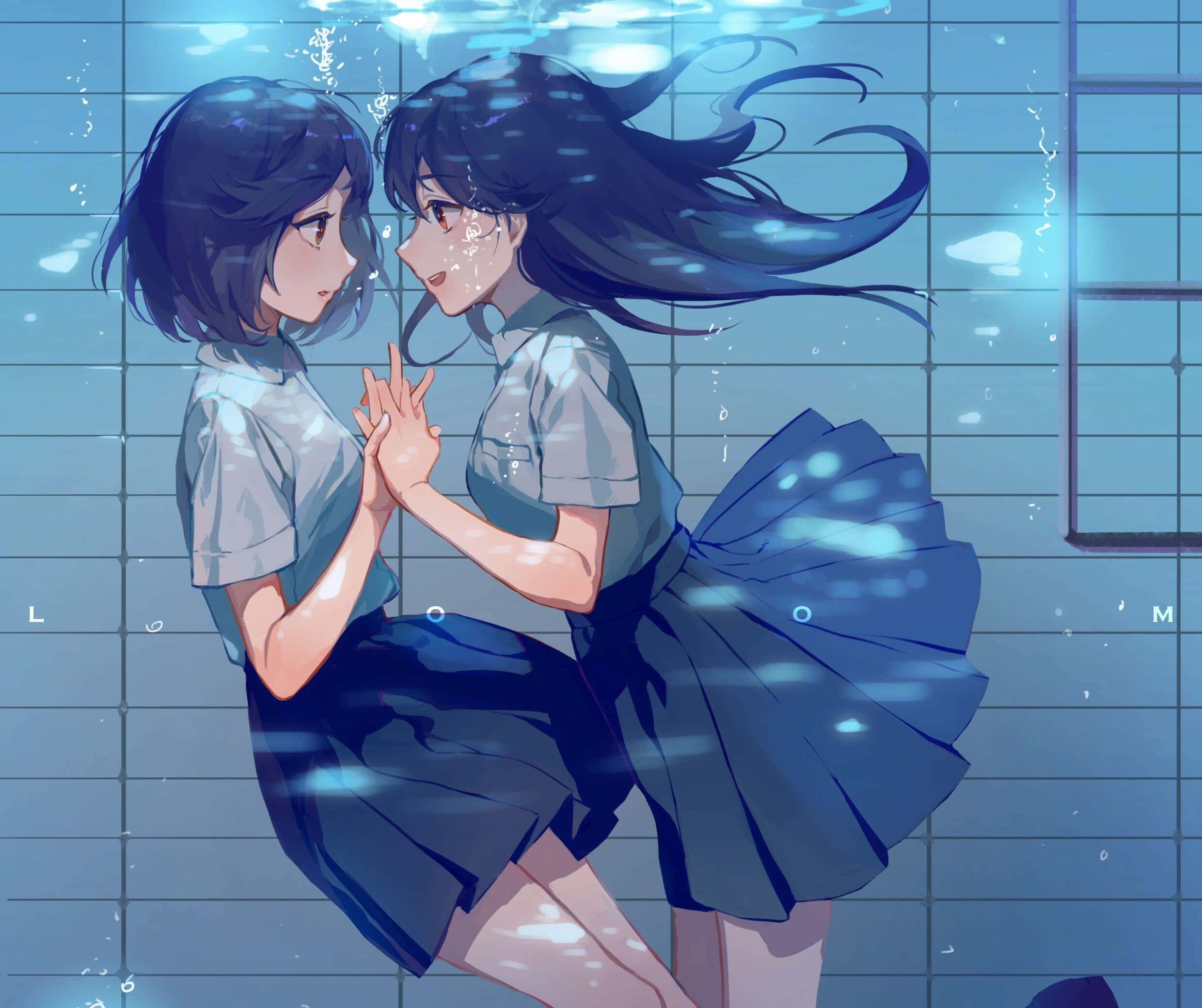Lesbian Anime, school girl, blue aesthetic, Full HD Desktop Wallpaper