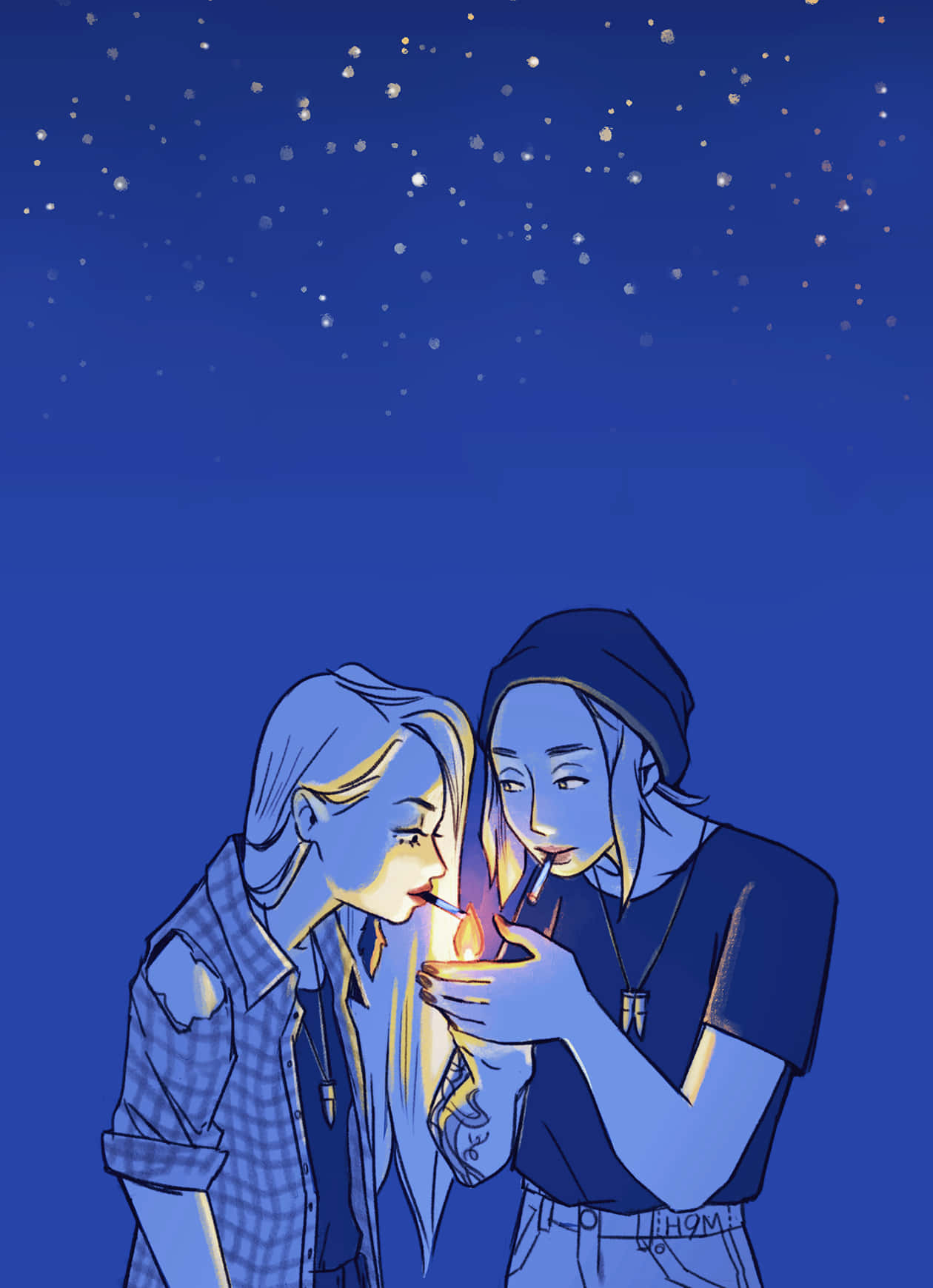 Lesbian Anime, starry night sky, soft blue lighting, HD Phone Wallpaper