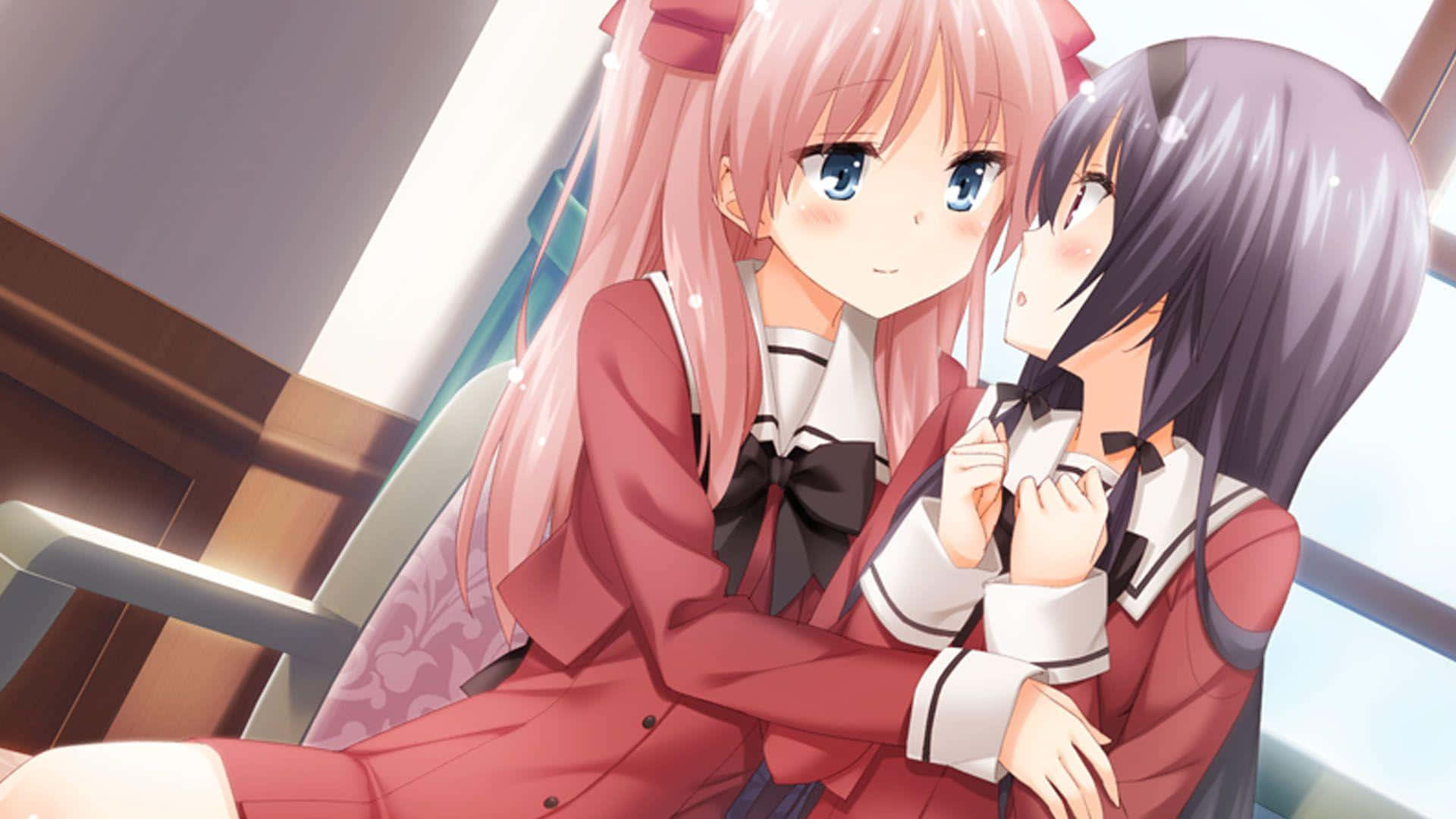 anime girls, red school uniforms, sunlit room, Full HD Desktop Wallpaper