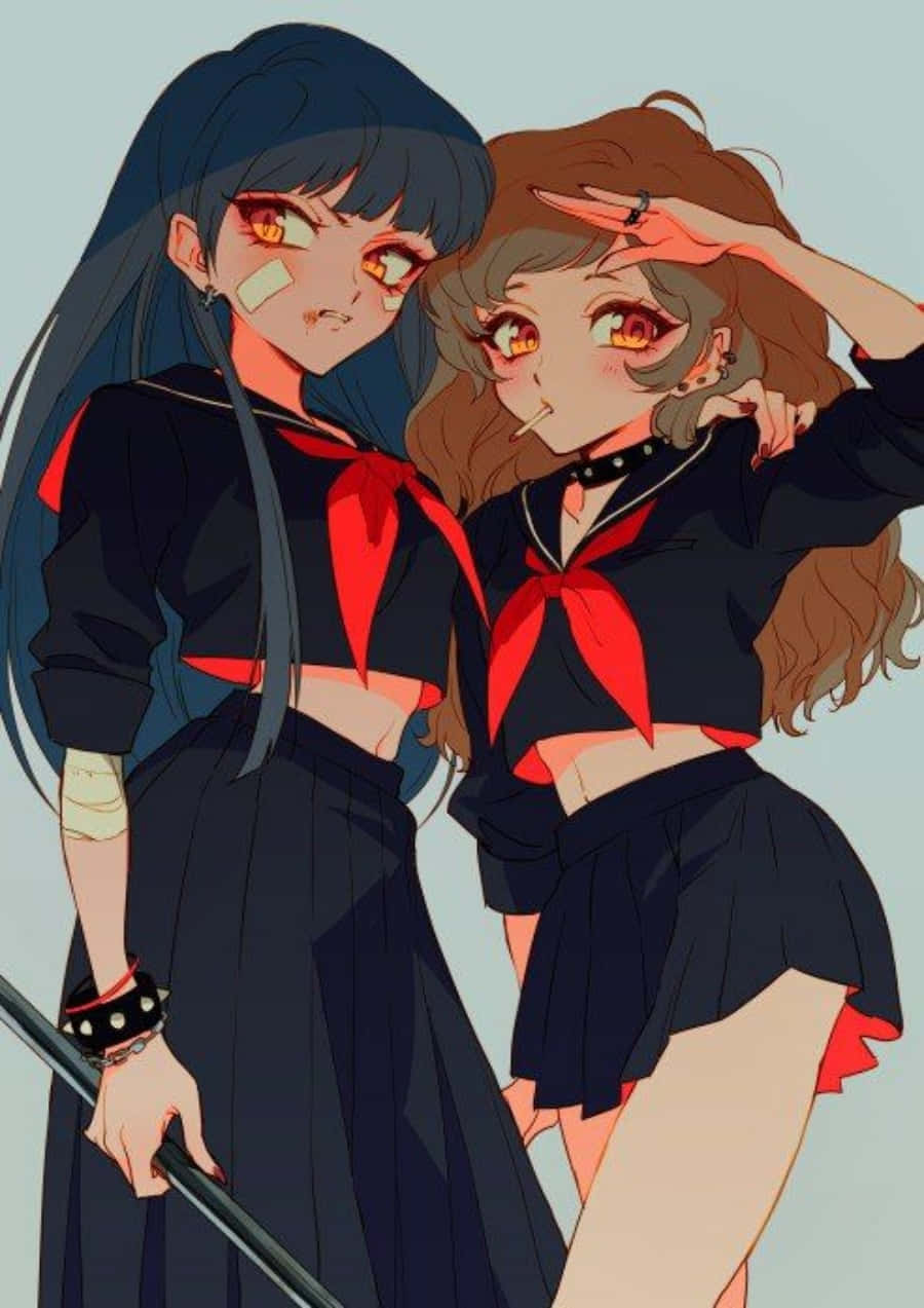 lesbian anime, anime girls, black sailor uniforms, SD Phone Wallpaper