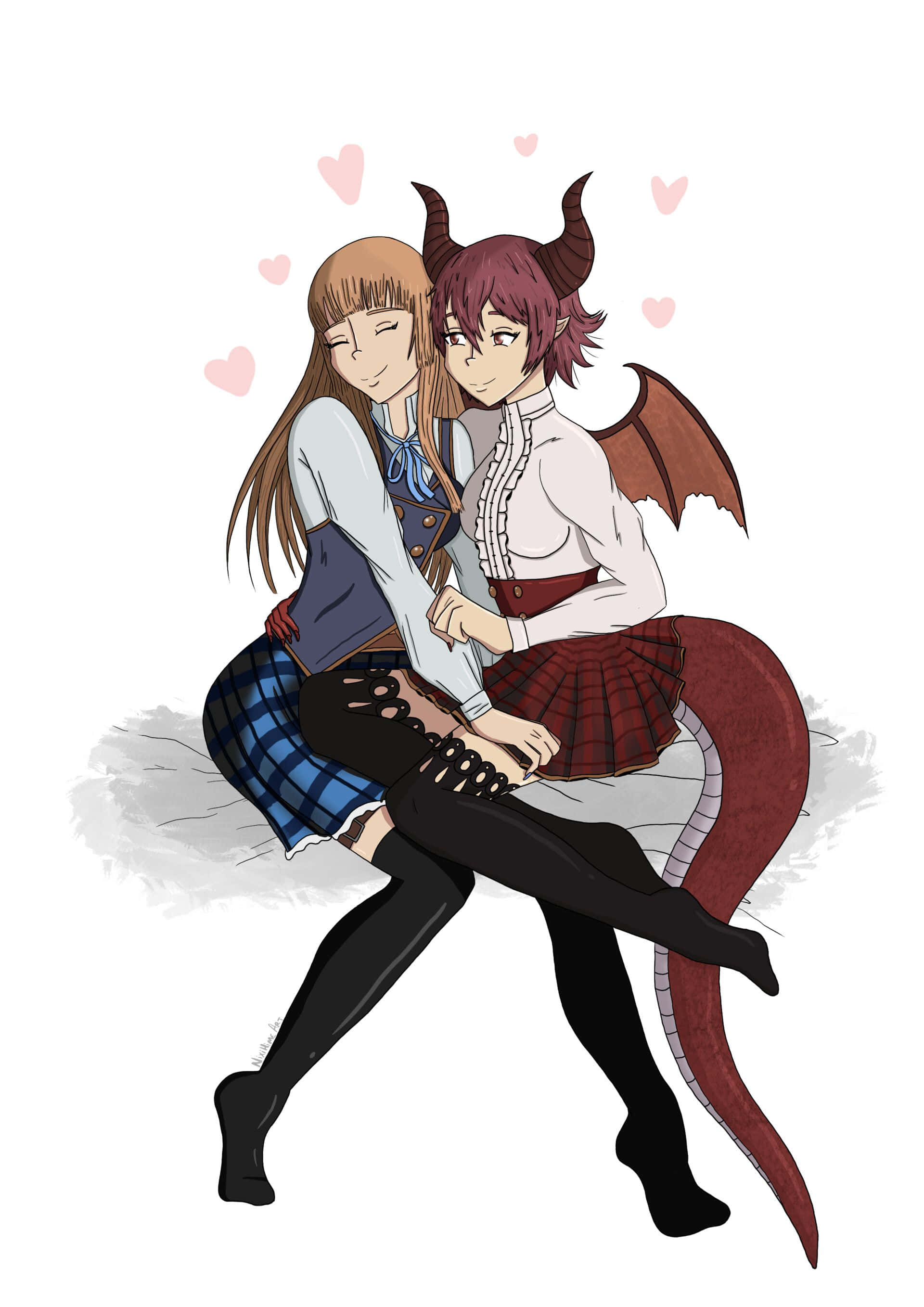 lesbian anime, anime girl with horns and wings, smiling human girl, 2K Phone Wallpaper