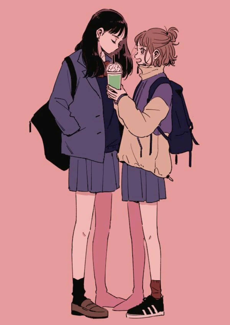Lesbian Anime, pink aesthetic, school uniforms, SD Phone Wallpaper