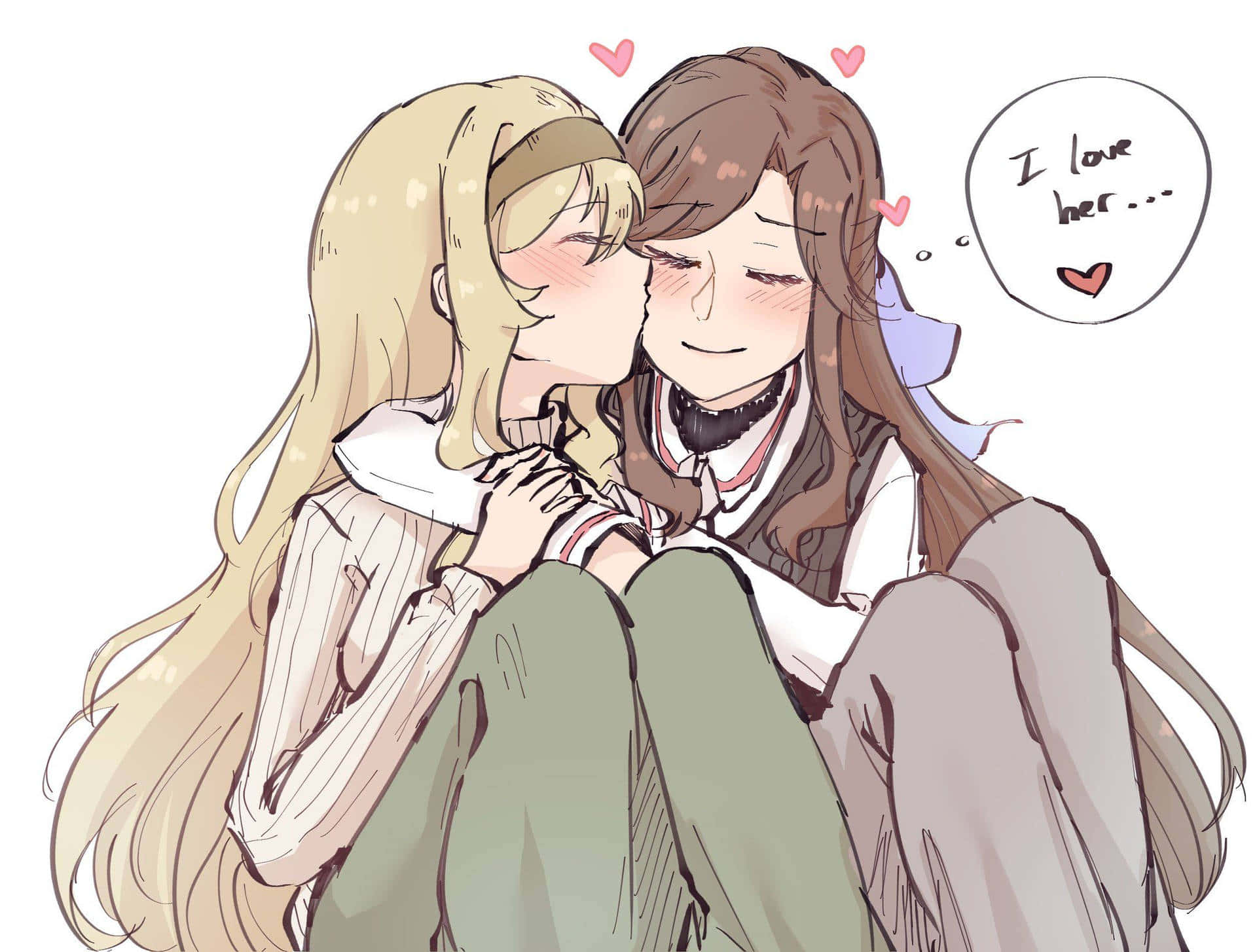 Lesbian Anime, anime girls, embrace, Full HD Desktop Wallpaper