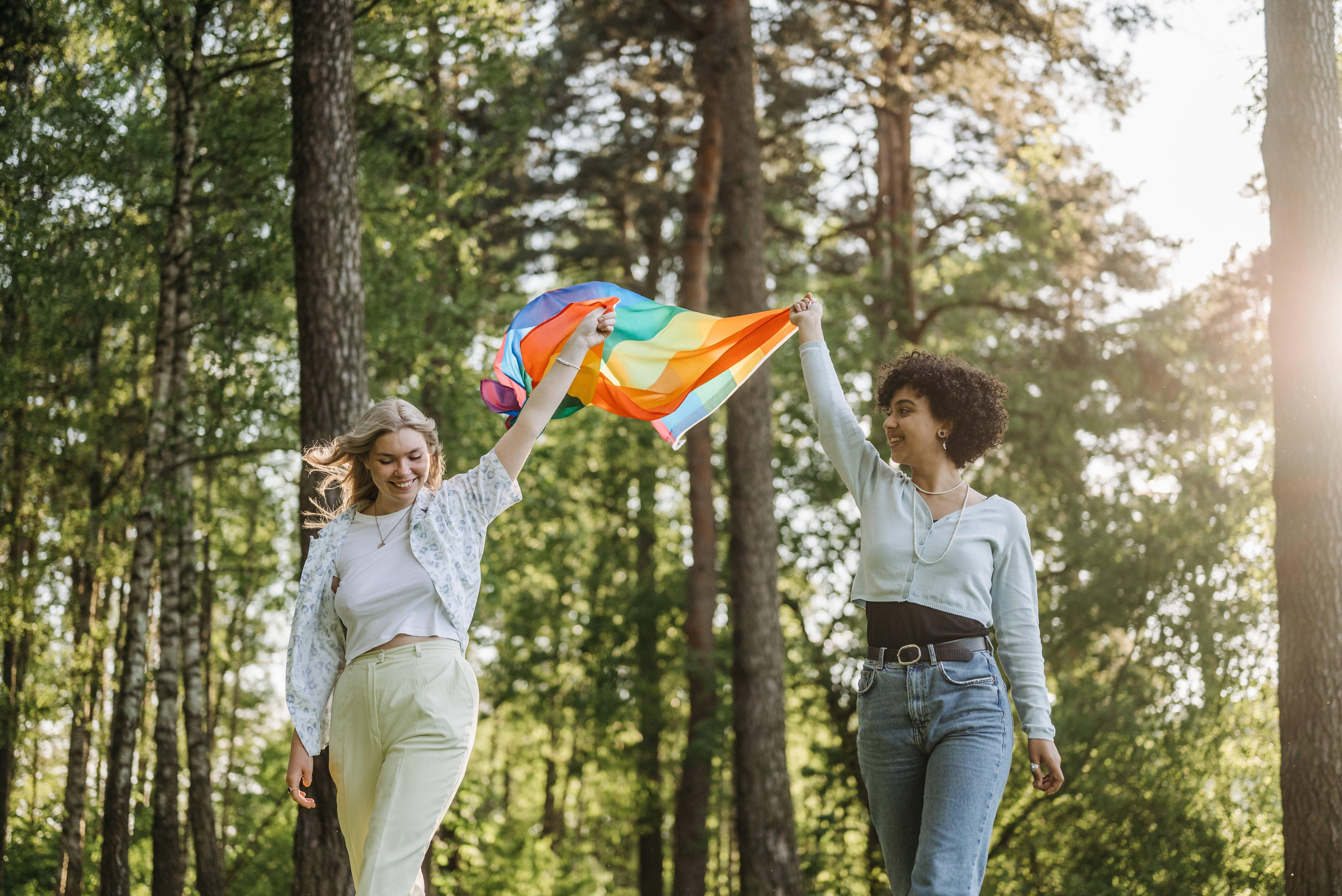 Lesbian flag, rainbow flag, sunlit forest, 5K Desktop Wallpaper