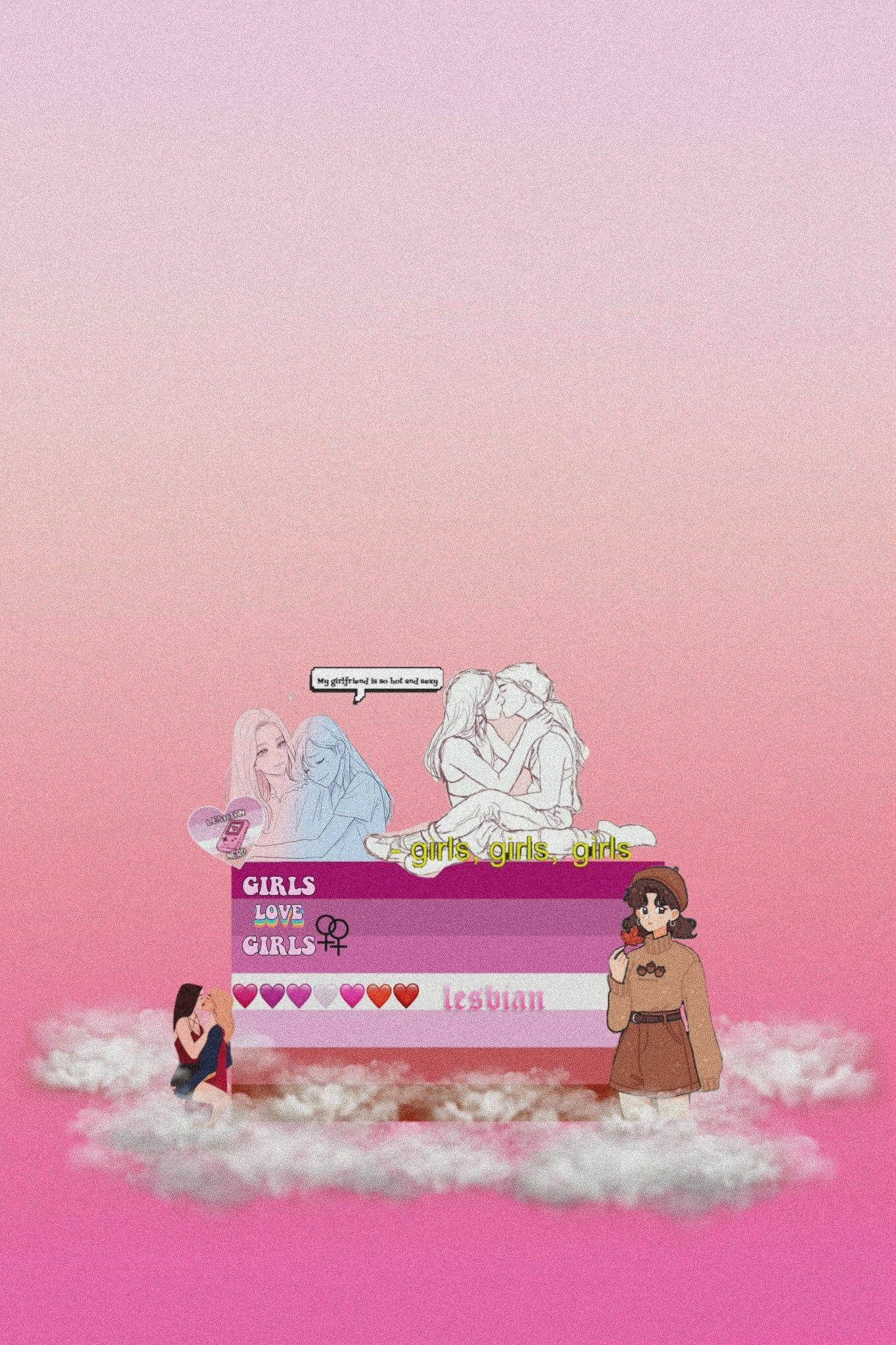lesbian flag, pink gradient sky, anime girls, Full HD Phone Wallpaper