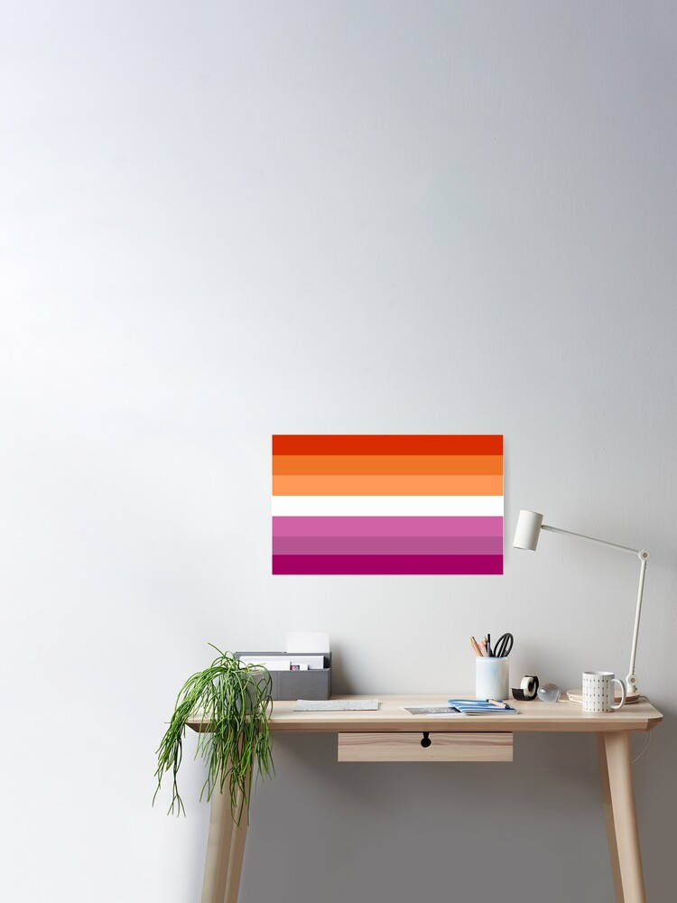 Lesbian flag, rainbow flag poster, minimalist wooden desk, SD Phone Wallpaper