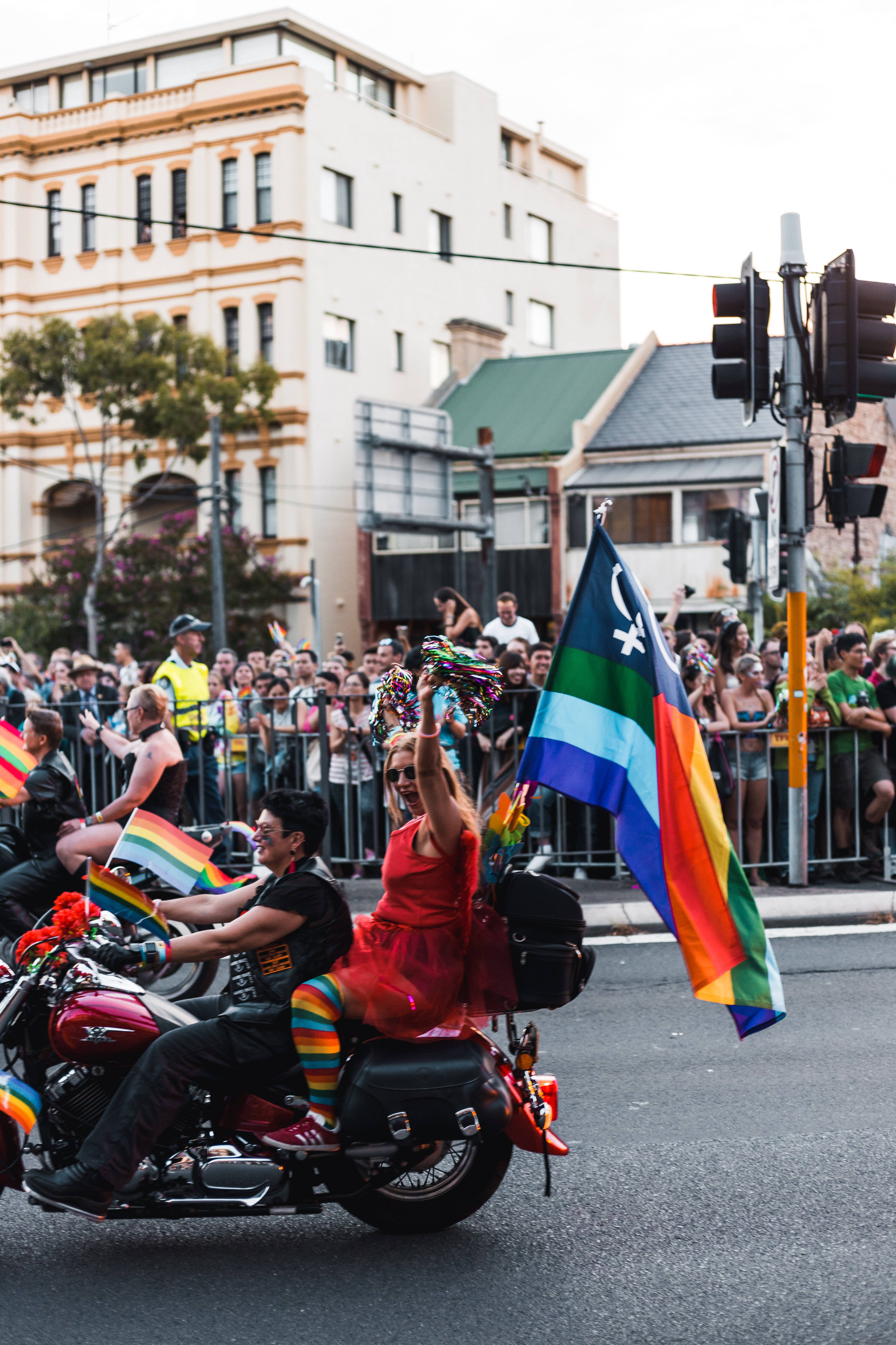 rainbow flags, motorcycle parade, urban crowd, 5K Phone Wallpaper