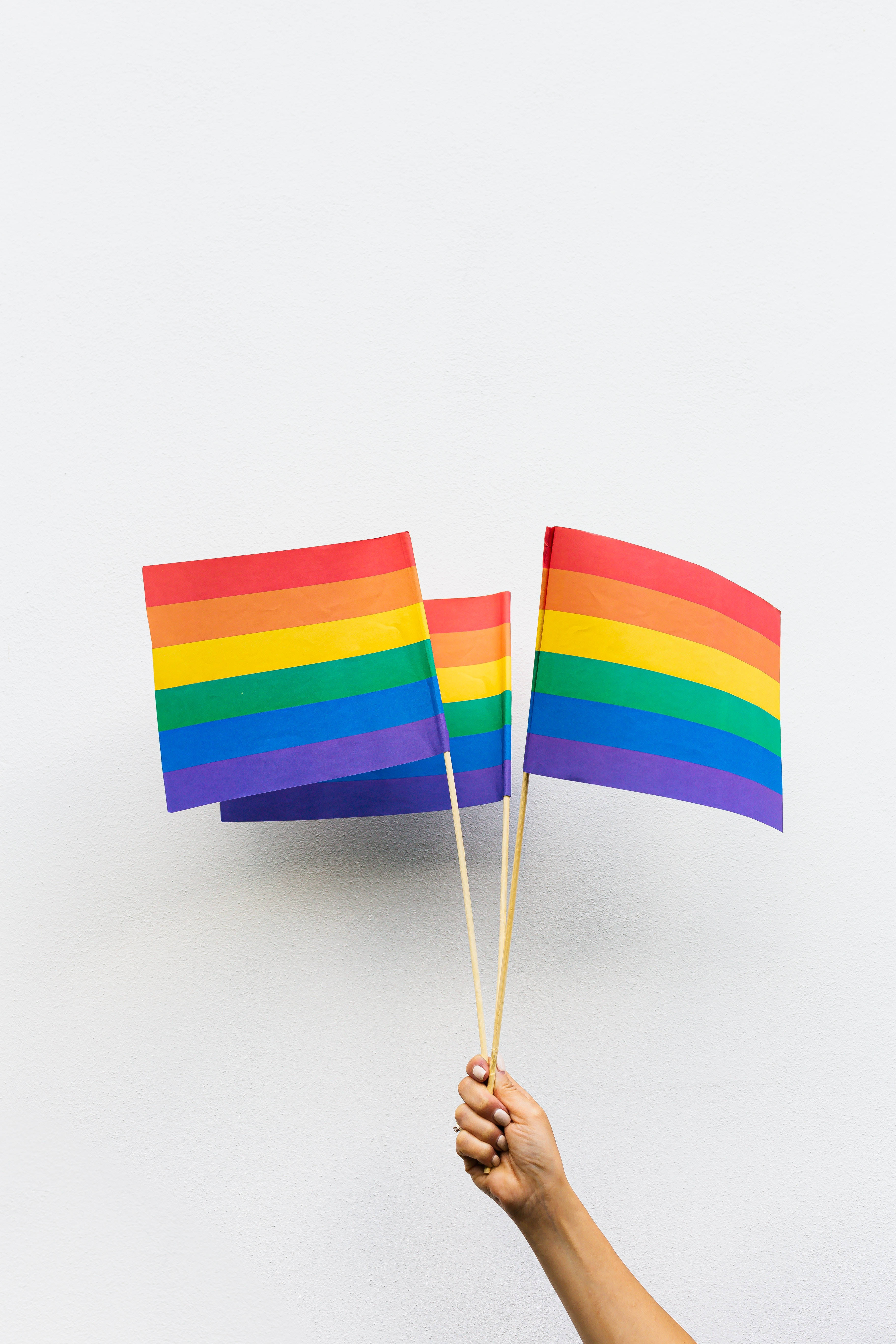 Lesbian flag, rainbow pride flags, white wall, 5K Phone Wallpaper