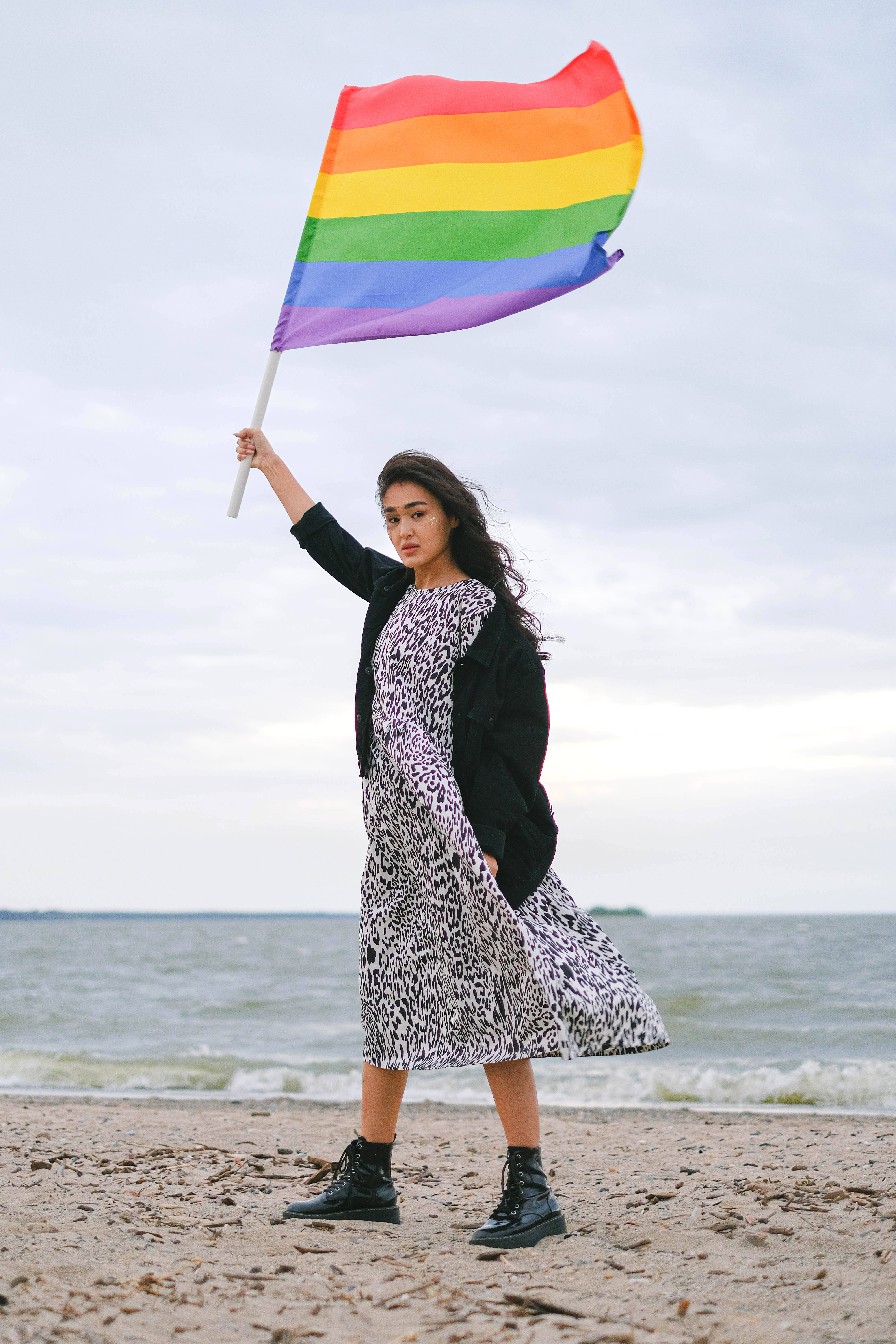 Lesbian flag, rainbow flag, beach, 5K Phone Wallpaper