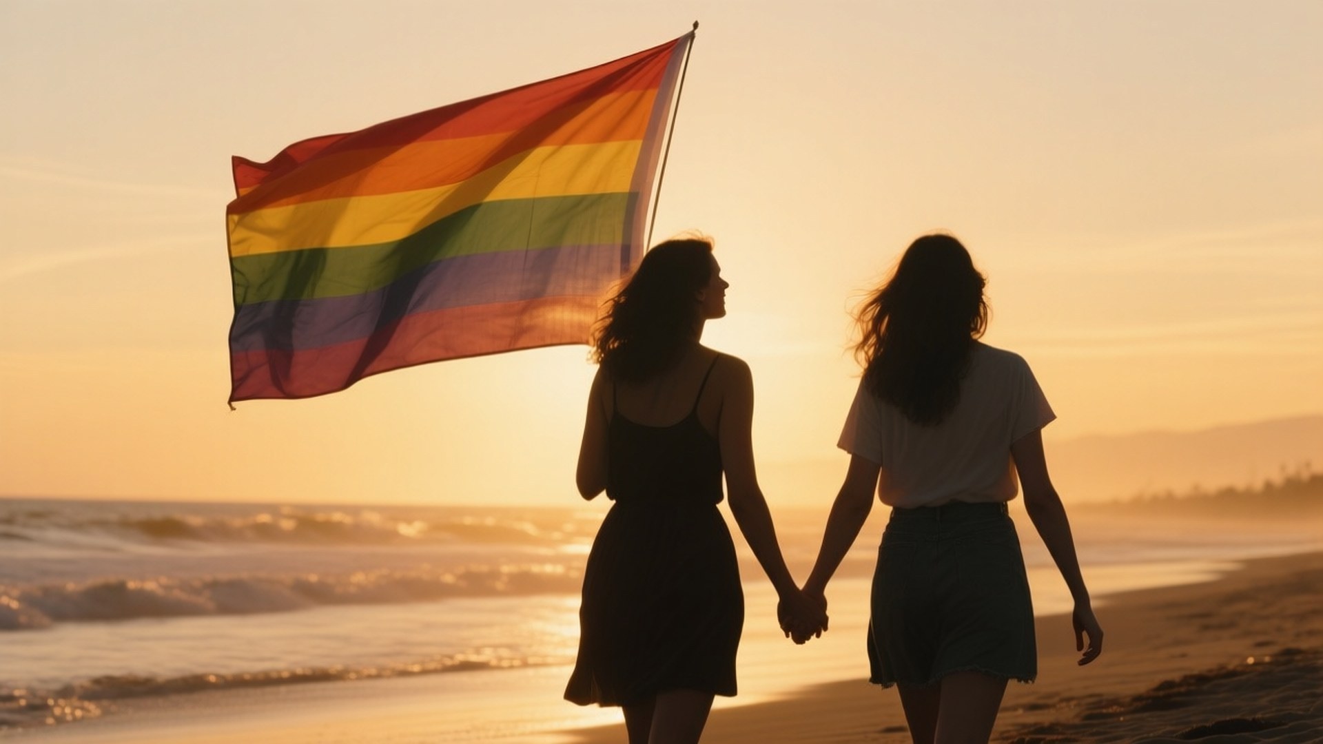 rainbow flag, beach, sunset, Full HD Desktop Wallpaper