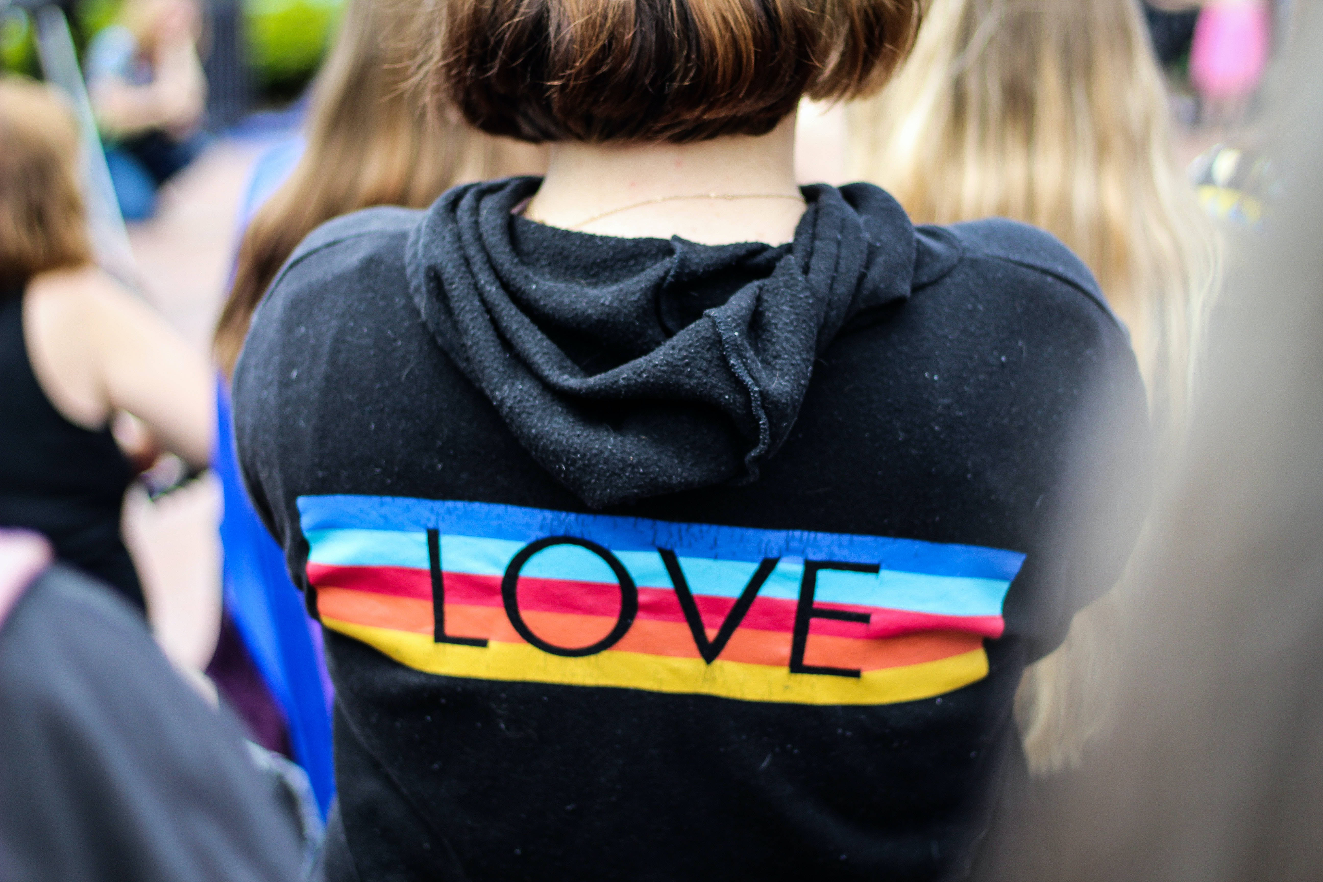 Lesbian Girl Love Hoodie, black hoodie, LOVE in bold letters, 5K Desktop Wallpaper