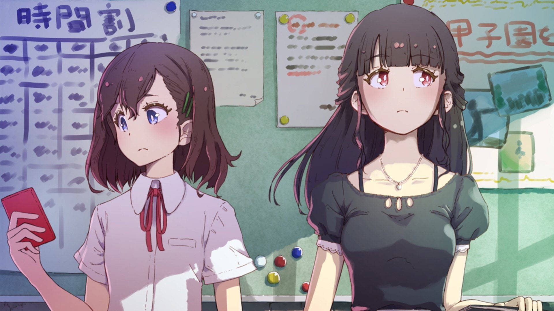 anime, lesbian schoolgirls, classroom, Full HD Desktop Wallpaper