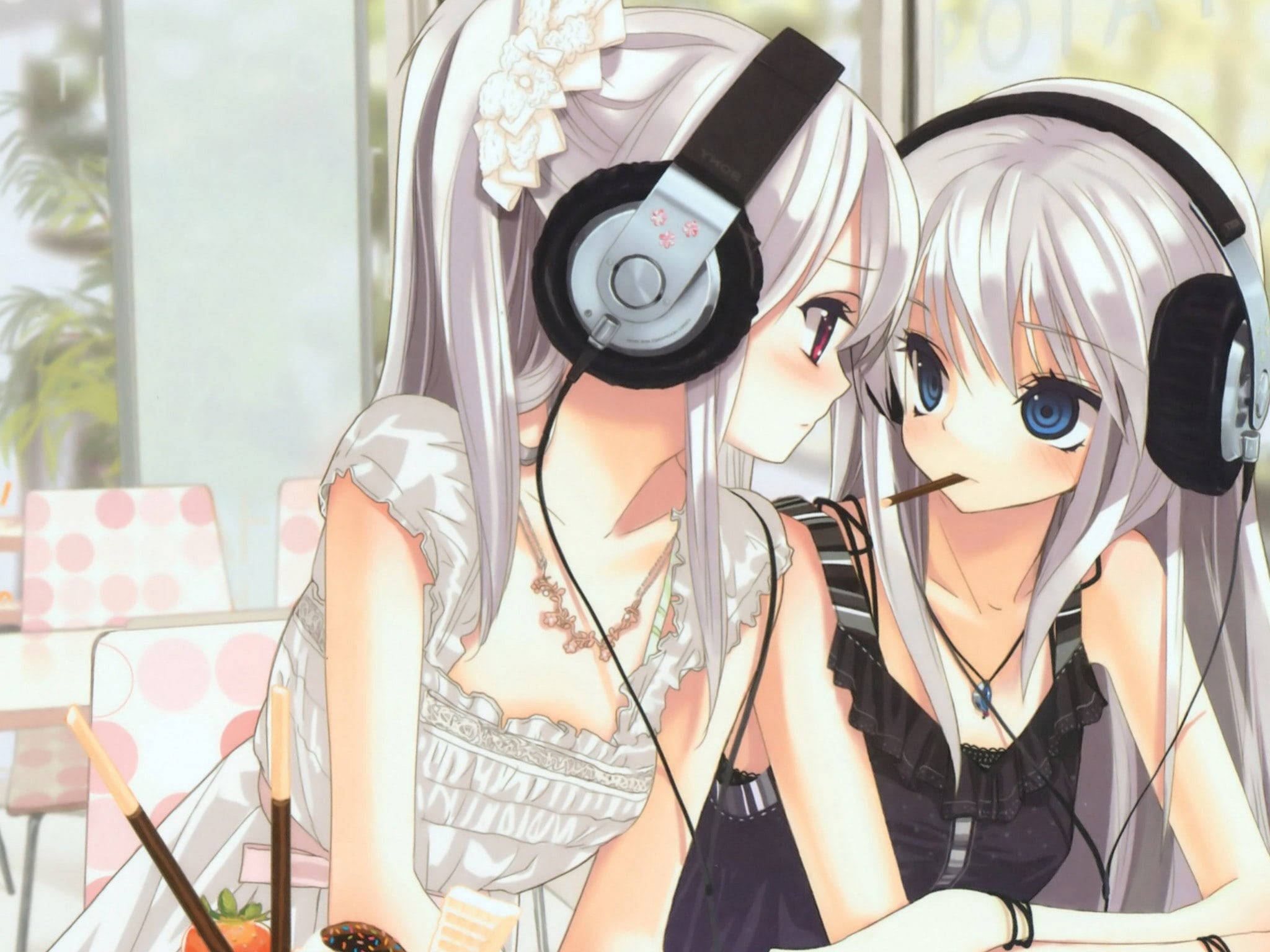 anime girls, silver hair, headphones, Full HD Desktop Wallpaper