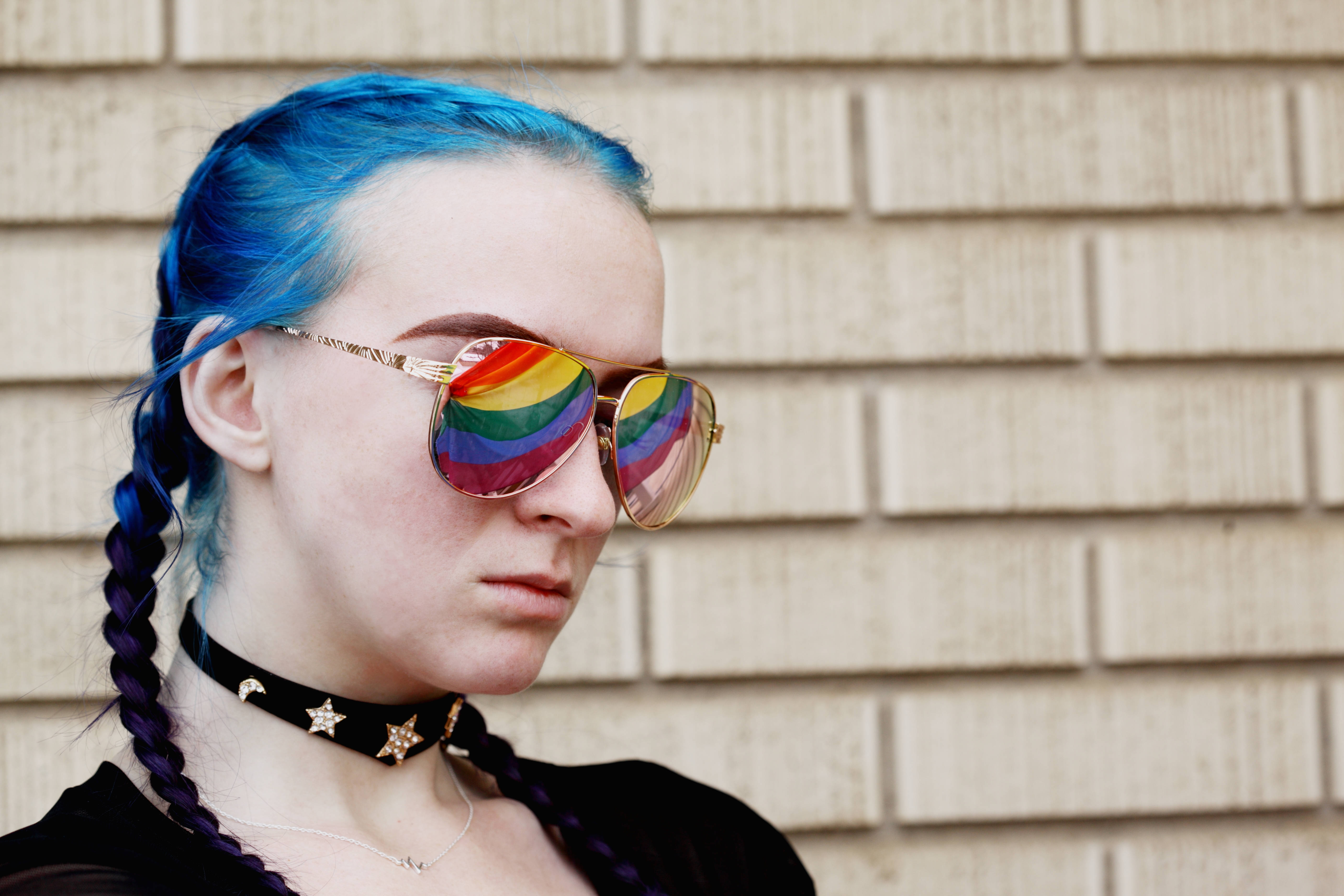 LGBT sunglasses, blue braided hair, rainbow reflective sunglasses, 5K Desktop Wallpaper