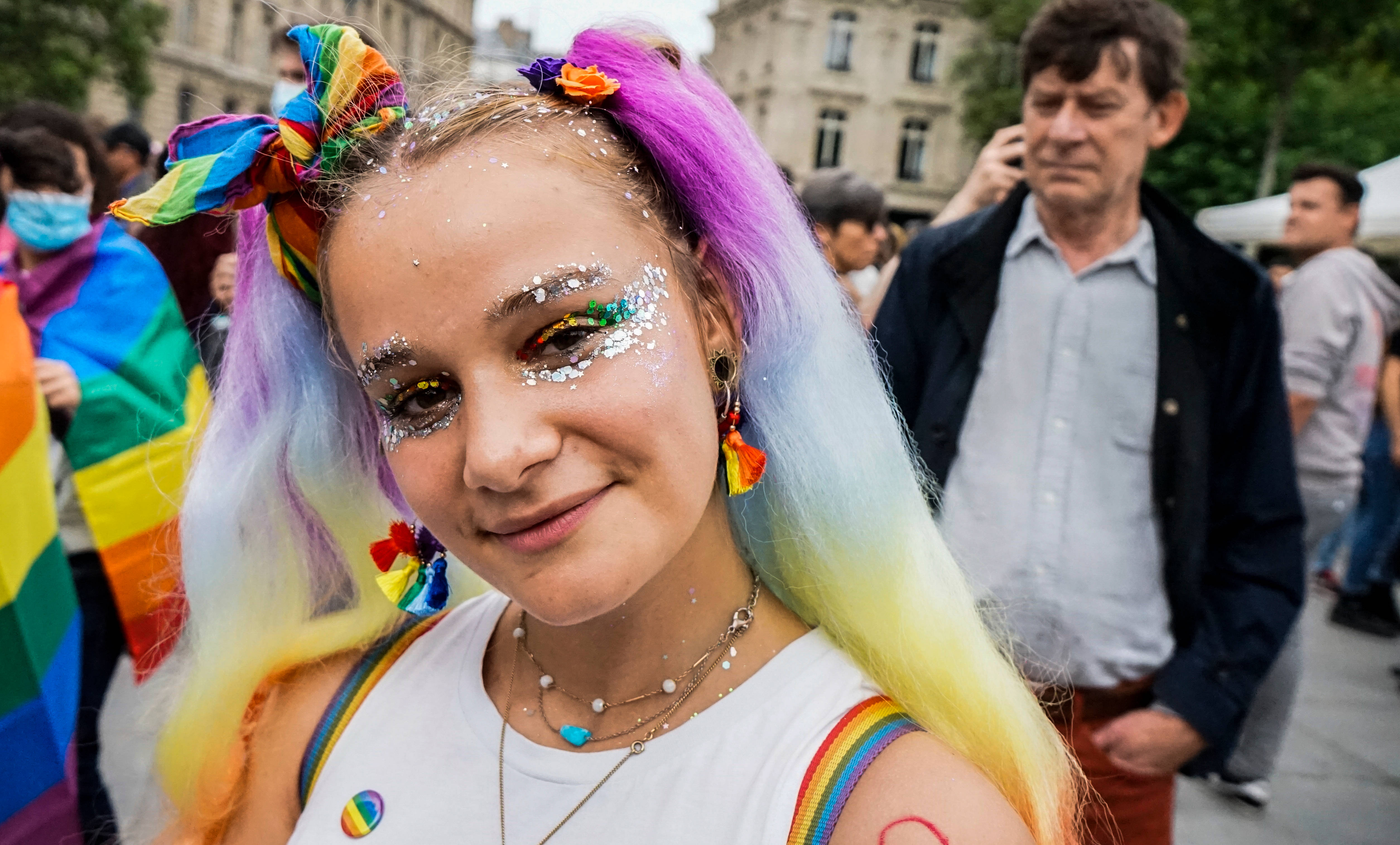 rainbow hair, glitter makeup, pride flag accessories, 4K Desktop Wallpaper