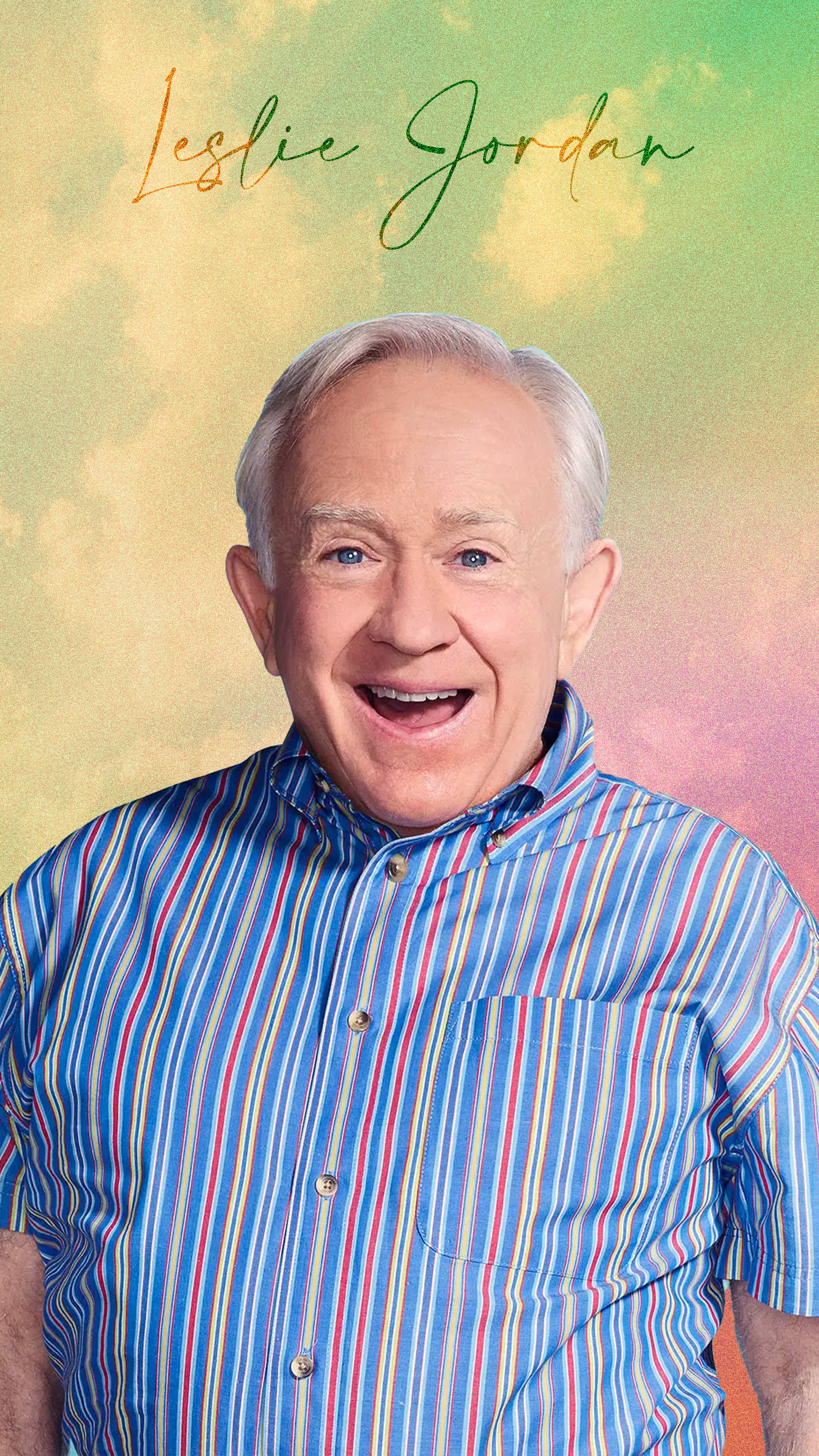 Leslie Jordan, colorful striped shirt, vibrant gradient sky, 4K Phone Wallpaper