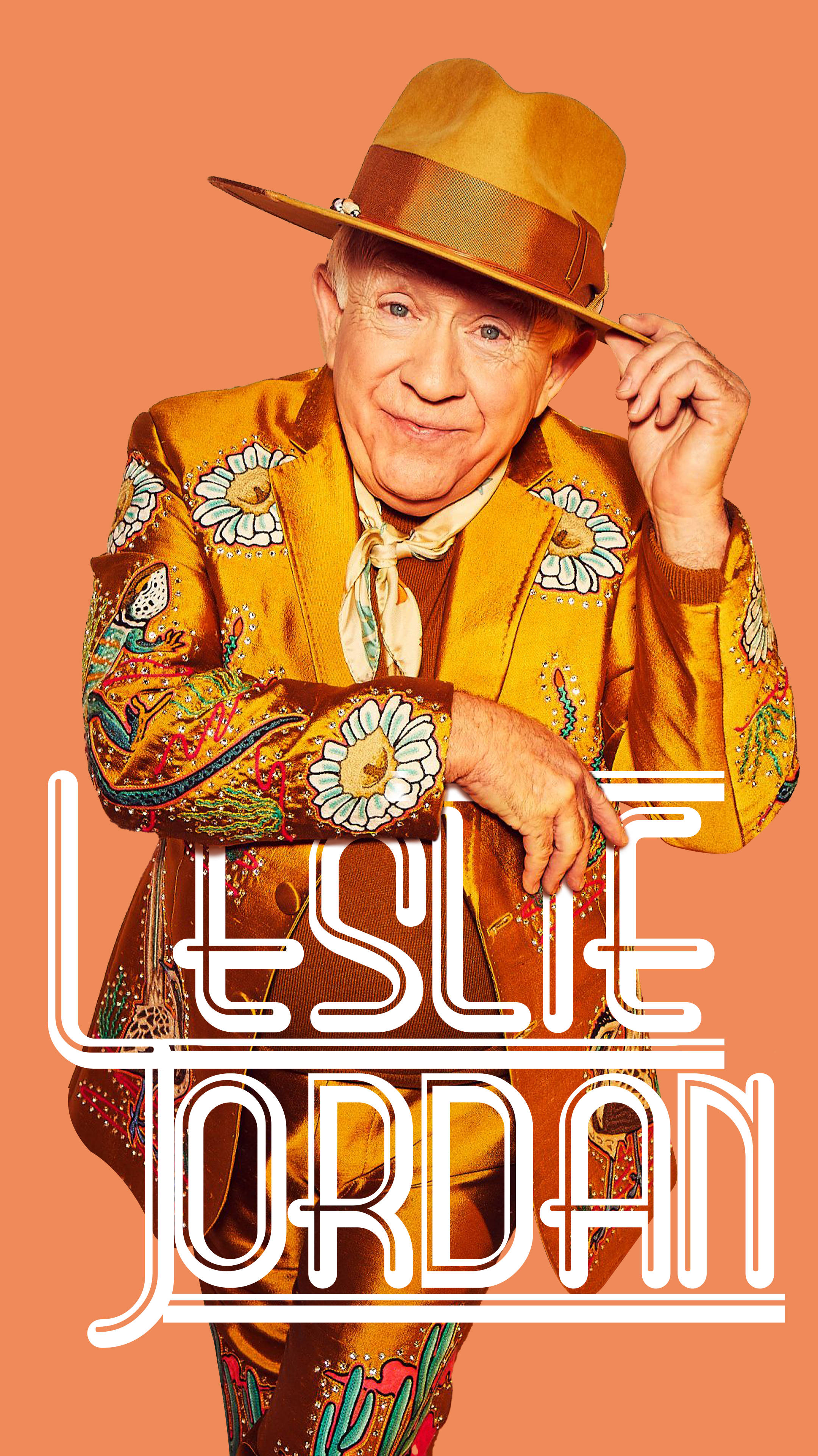Leslie Jordan, vibrant yellow floral suit, hat, 4K Phone Wallpaper