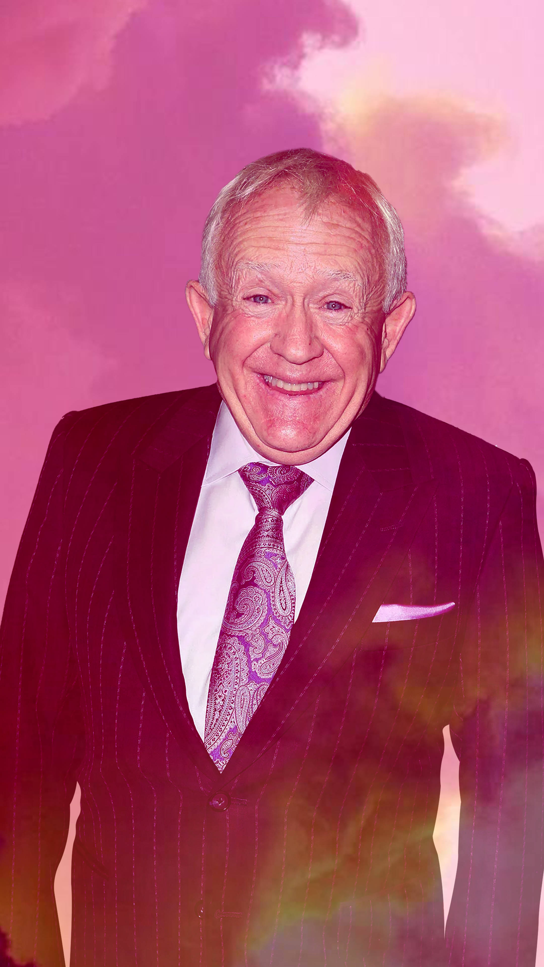 Leslie Jordan, pinstripe suit, vibrant pink and purple cloudy backdrop, 4K Phone Wallpaper
