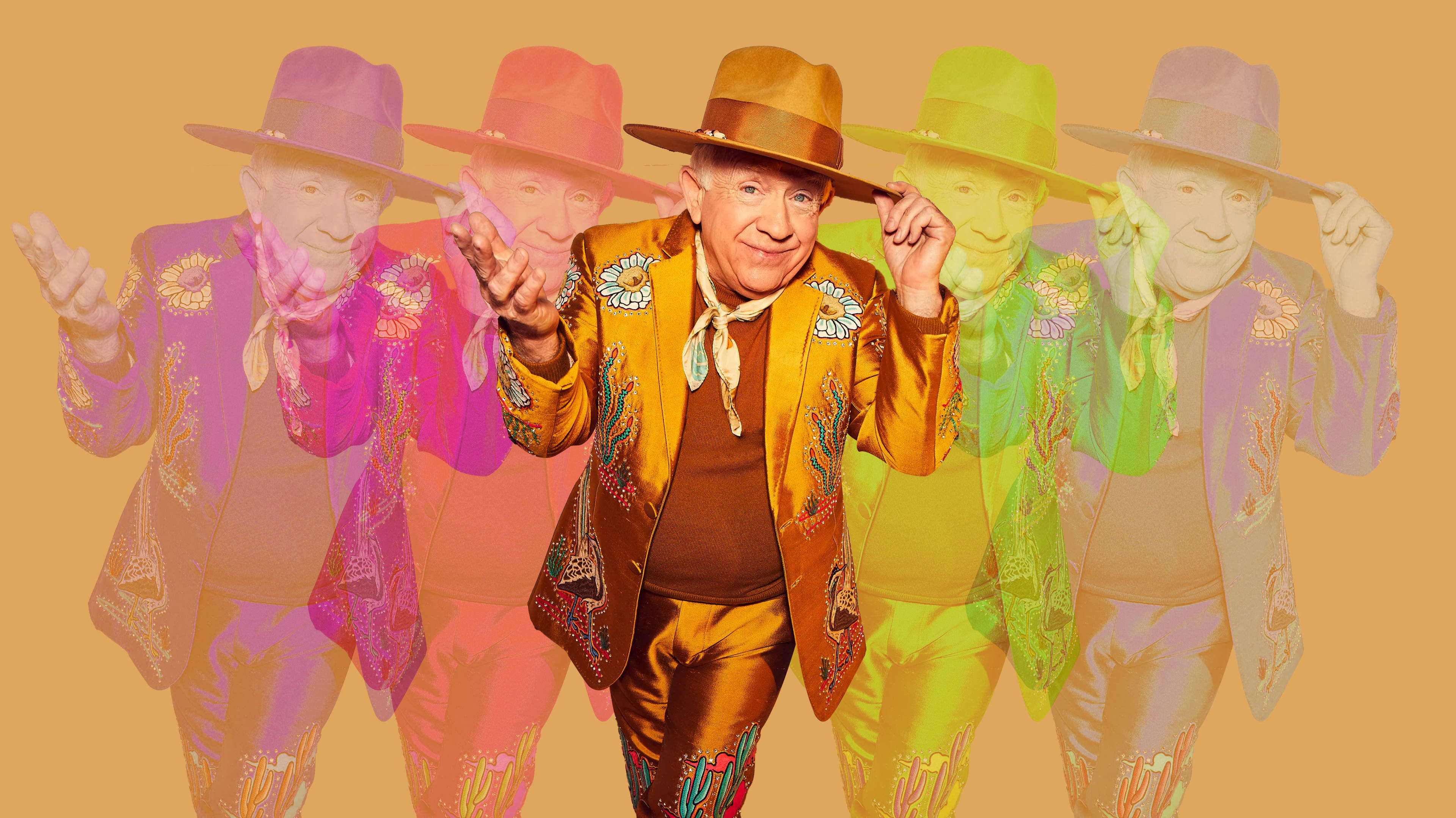 Leslie Jordan, shiny gold cowboy outfit, hat, 4K Desktop Wallpaper