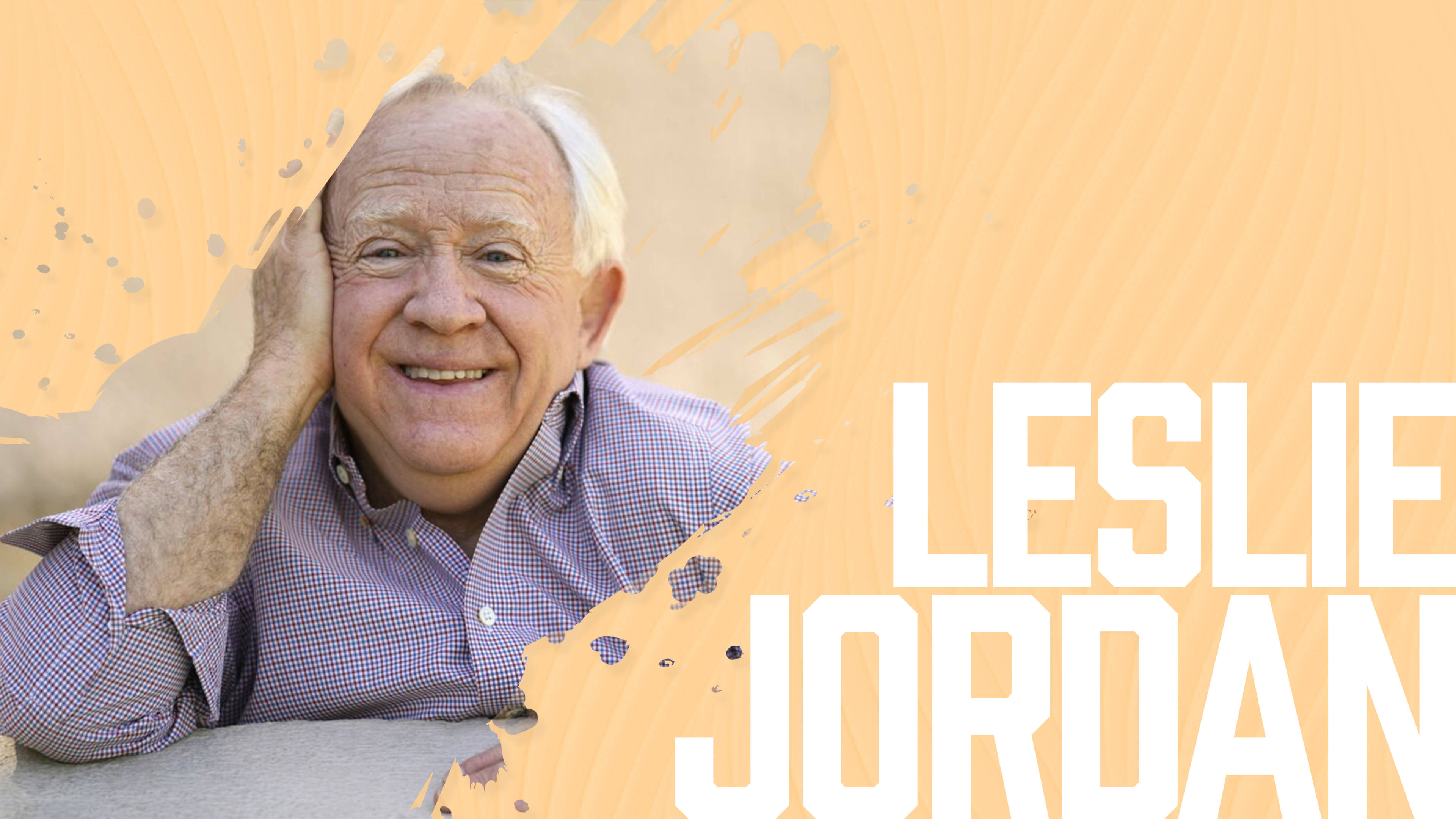 Leslie Jordan, yellow background, vibrant orange textured background, 4K Desktop Wallpaper