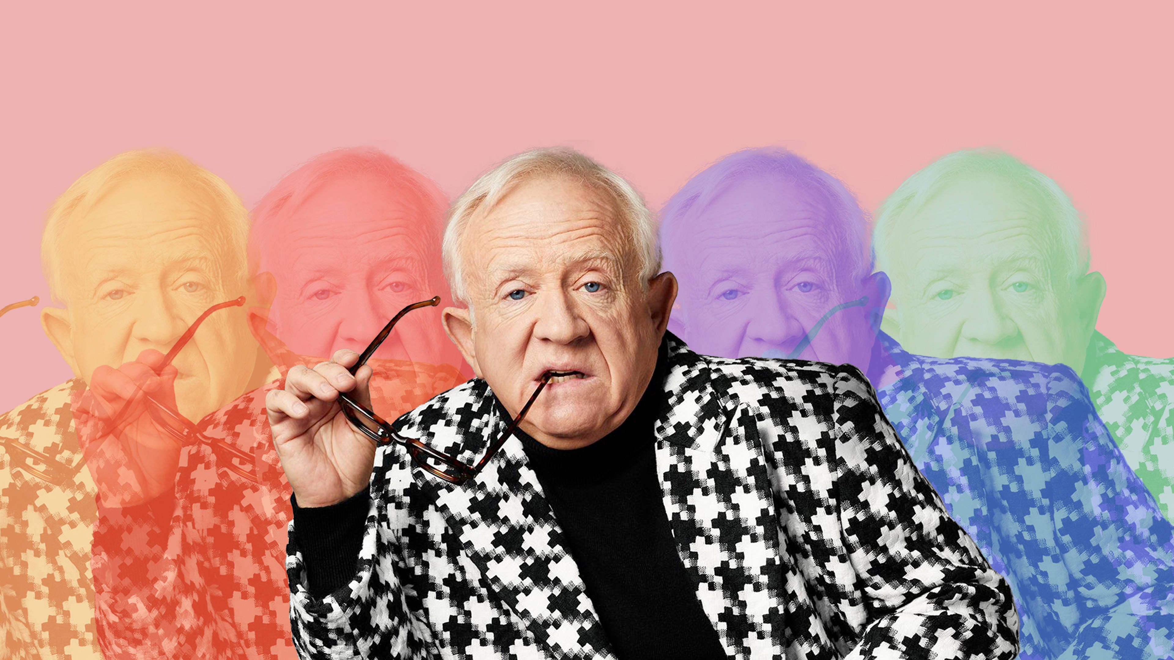 Leslie Jordan, houndstooth jacket, vibrant rainbow-tinted background, 4K Desktop Wallpaper