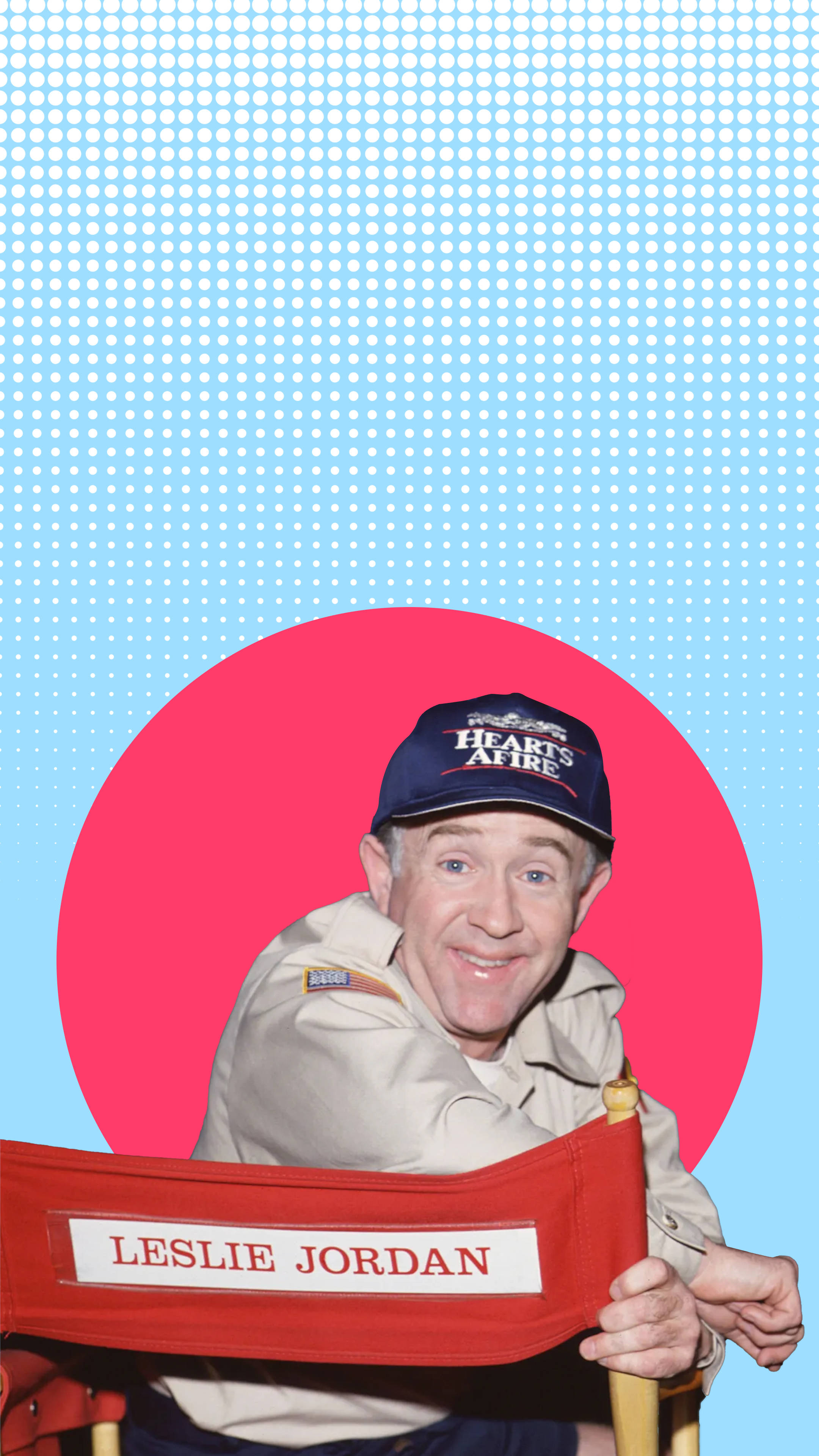 Leslie Jordan, red director's chair, vibrant pink circle, 4K Phone Wallpaper