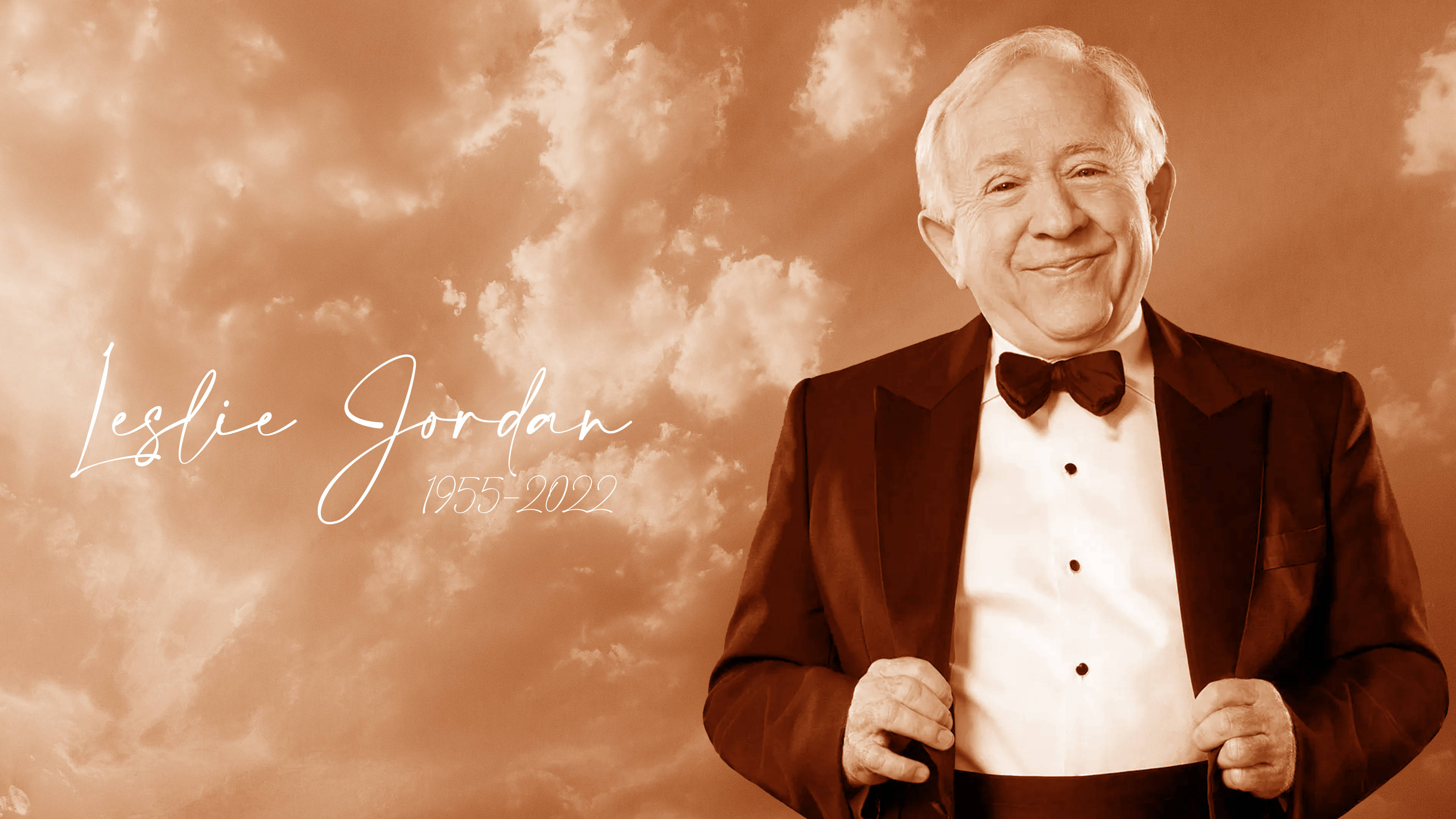 Leslie Jordan, tuxedo, sepia-toned cloudy sky, 4K Desktop Wallpaper
