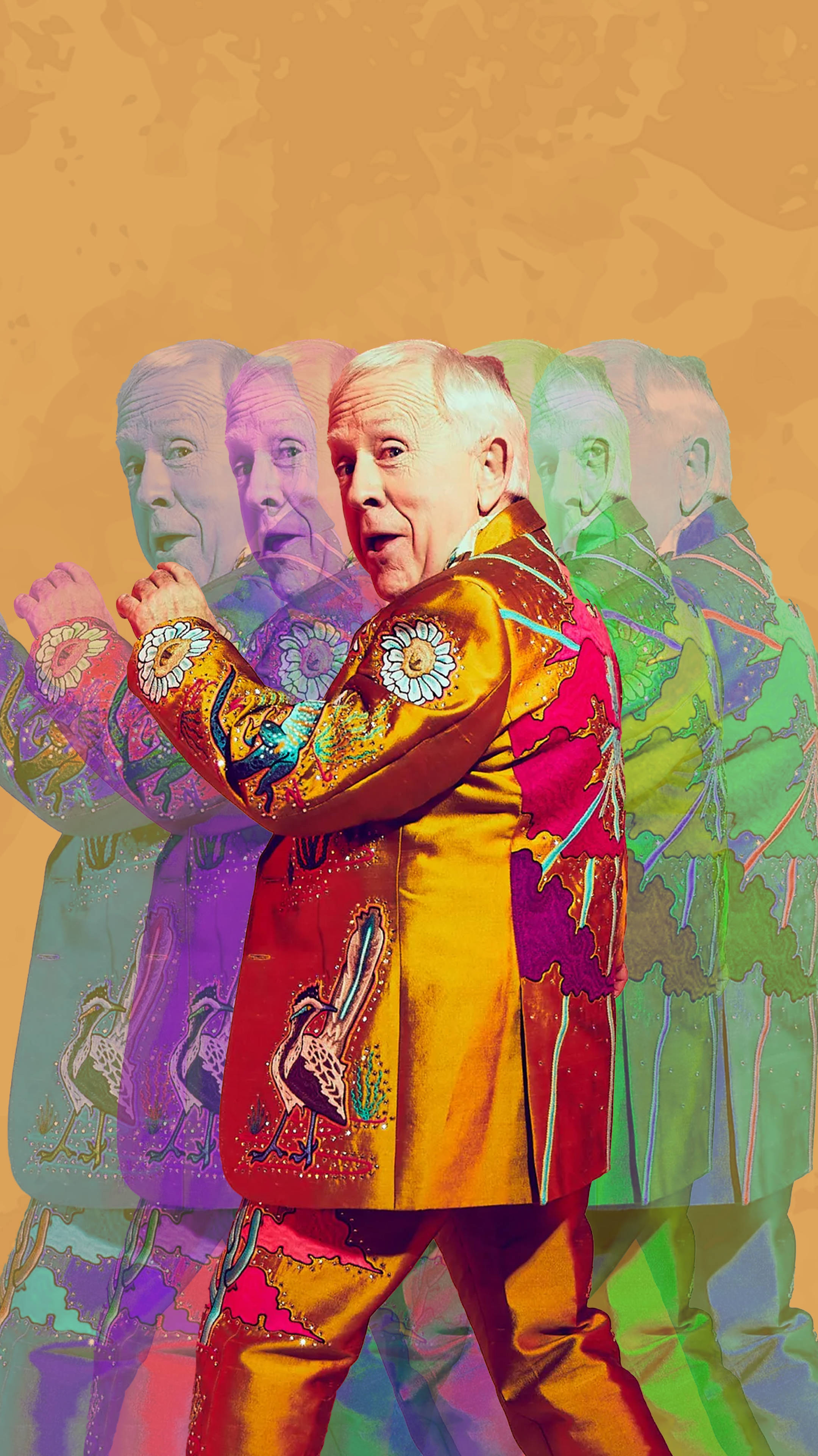 Leslie Jordan, multicolored backdrop, colorful patterned suit, 4K Phone Wallpaper