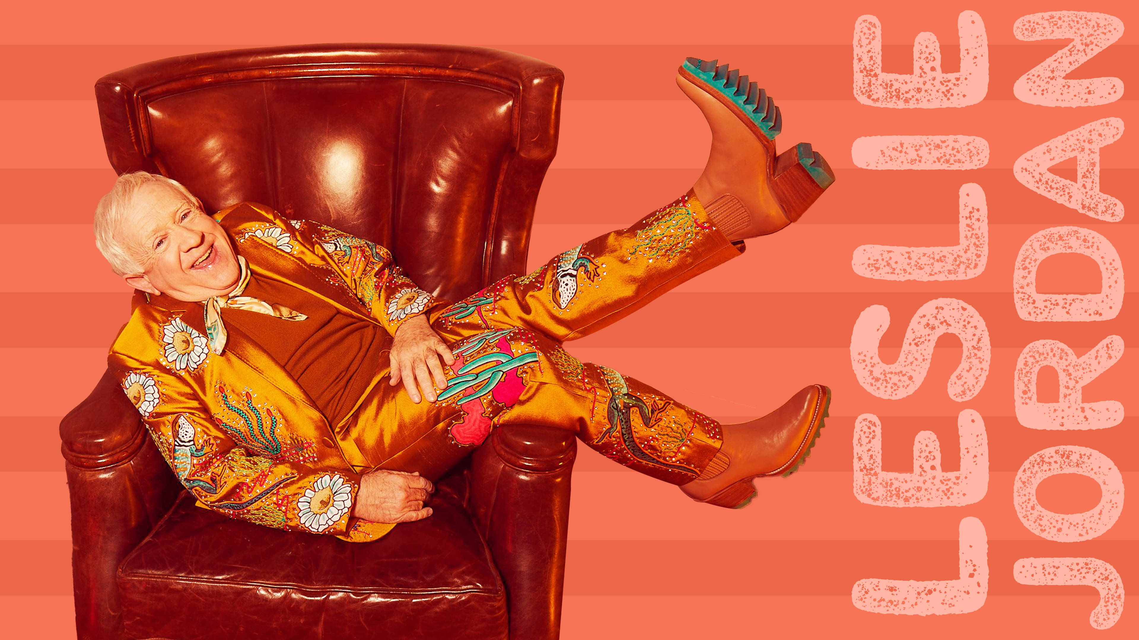 Leslie Jordan, leather chair, vibrant floral suit, 4K Desktop Wallpaper