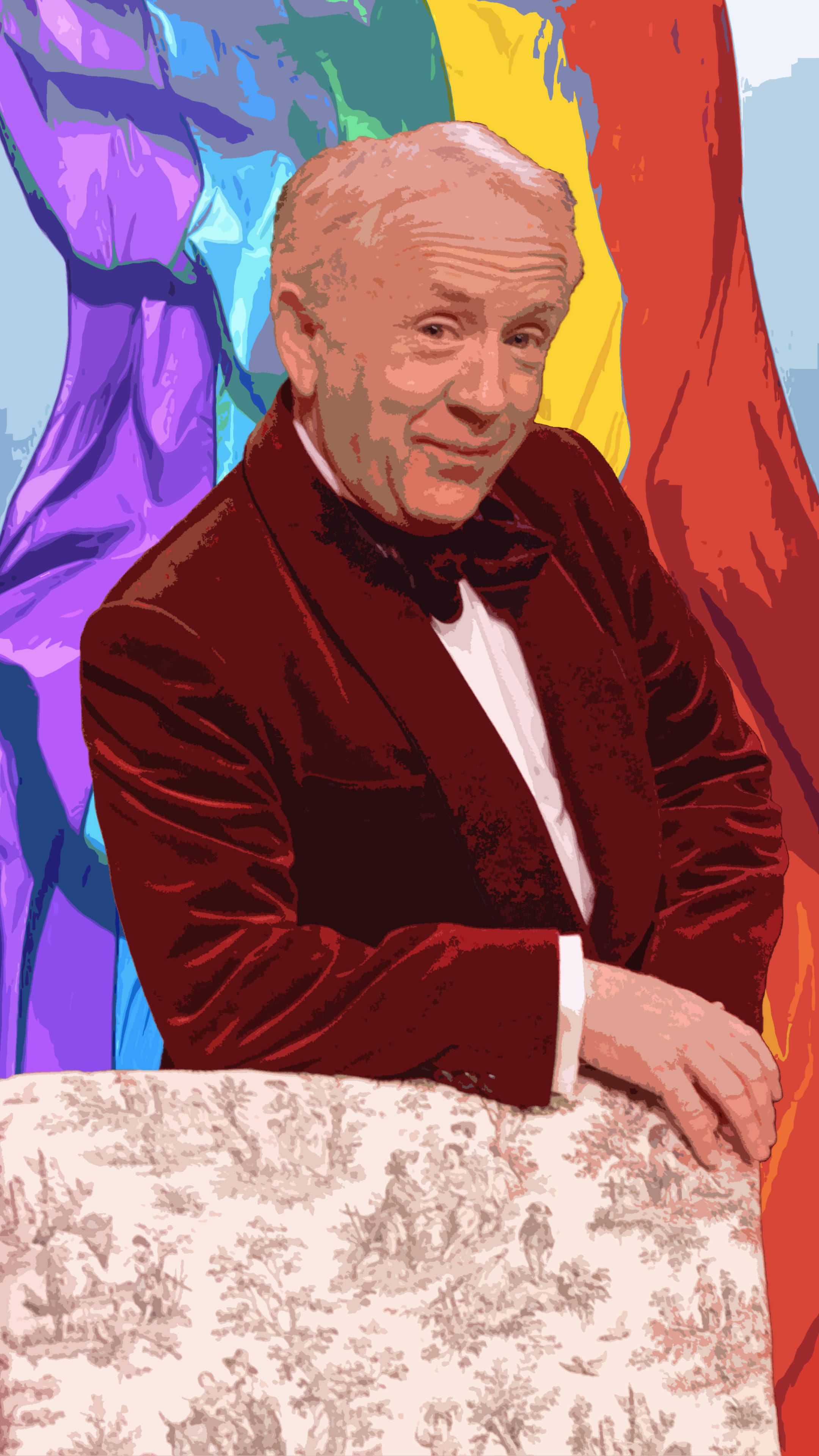 Leslie Jordan, red velvet tuxedo, vibrant rainbow backdrop, 4K Phone Wallpaper