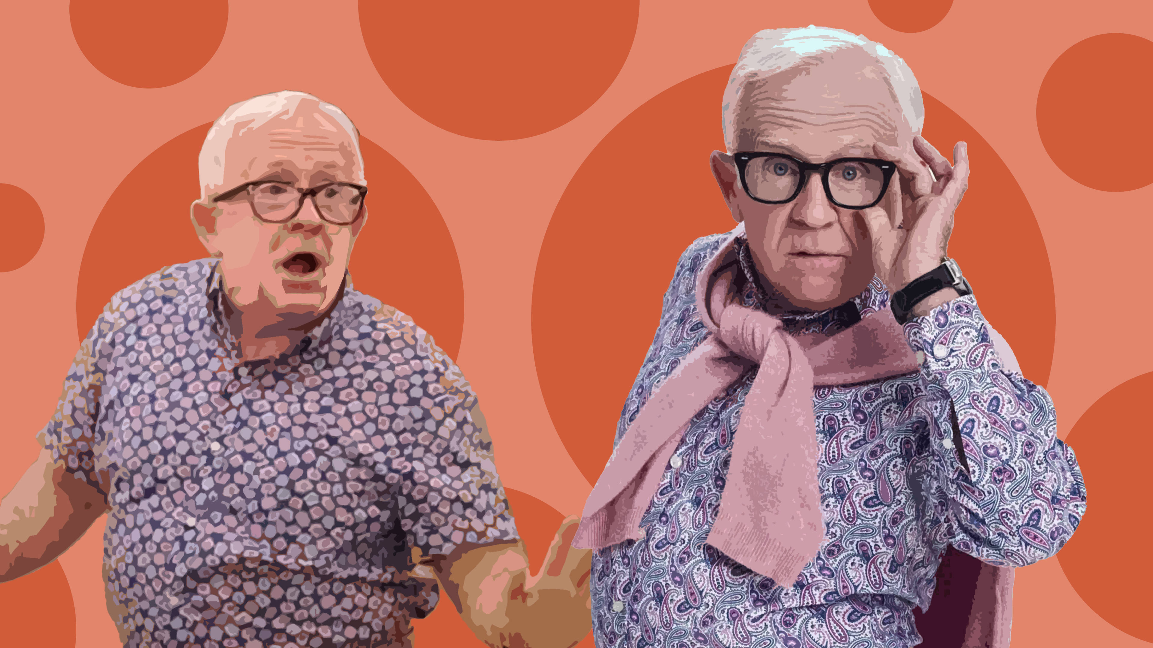 Leslie Jordan, glasses, orange polka dot background, 4K Desktop Wallpaper